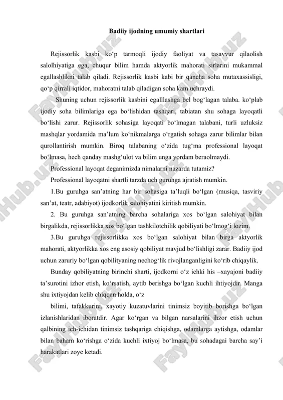 iiy ta’surotini izhor etish, ko‘rsatish, aytib berishga bo‘lgan kuchli ihtiyojdir. manga shu ixtiyojdan kelib chiqqan holda, o‘z bilimi, tafakkurini, xayotiy kuzatuvlarini tinimsiz boyitib borishga bo‘lgan izlanishlaridan iboratdir. agar ko‘rgan va bilgan narsalarini ihzor etish uchun qalbining ich-ichidan tinimsiz tashqariga chiqishga, odamlarga aytishga, odamlar bilan baham ko‘rishga o‘zida kuchli ixtiyoj bo‘lmasa, bu sohadagai barcha say’i harakatlari zoye ketadi. lev tolstoy, -agar yoza olmasang, yaxshisi yozmaganing ma’qul” degan so‘zini rejissura sohasiga to‘g‘rilasak.” agar sahnalashtira olmasang, yaxshisi sahnalashtirmaganing ma’qul” deyish mumukin. rejissor o‘zi o‘qigan peyesadan olgan ta’surotlarini, xayotiy voqealar silsilasidan olgan ta’surotlari ostida o‘zining aytmoqchi bo‘lgan fikrlarini sahnadan turib baralla xayqirishga o‘zida kuchli e’tiyoj sezmuguncha asar ustidagi ishni amalga oshirishga kirishmasligi zarur. aytmoqchi bo‘lgan fikrning samiymiyligi, mazmundorlik, san’atkor layoqati bir-birini to‘ldirib, boyitishi natijasi o‘laroq.yaxshi asar dunyoga kelishi mumkin.bulardan tashqari har bir zabardast ijodkorda bo‘lganidek,badiiyg‘oyaviy dunyoqarashning keng shakllanganligi, ijtimoiy, falsafiy mushohadaning teranligi,xayotning pasti-balandini yaxshi tushinishi asar muvaffaqiyatida hal qiluvchi o‘rin egallaydi. rejissorning ilmiy salohiyatini …