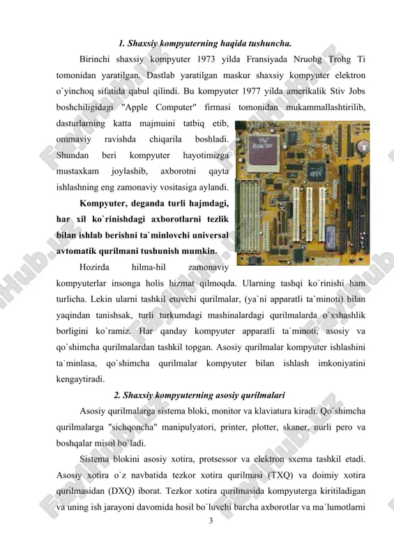 dasturlar vaqtincha saqlanadi. chunki, tezkor xotira qurilmasida saqlanib turgan ma`lumotlar kompyuterlar elektr manba`dan uzilganda yoki qayta yuklangan vaqtda o`chib ketadi. tezkor xotira qurilmasi registrlardan tashkil topgan. registr - ma`lumotlarni ikkilik shaklida vaqtinchalik saqlab turish uchun mo`ljallangan qurilma. har bir registr o`z navbatida triggerlardan tashkil topadi. trigger mitti kondensator bo`lib, u elektr toki bilan zaryadlangan holda - "1", zaryadlanmagan holatda "0" ni ifodalaydi. registrdagi triggerlarning miqdori kompyuterning necha razryadli ekanini belgilaydi. registrlar uyachalar (yacheykalar) deb ham yuritiladi. uyachalarning har bir razryadida bir bit axborot joylashadi, ya`ni 0 yoki 1. 8 bit axborot birlashganda 1 bayt miqdordagi axborotni hosil qiladi. har bir bayt o`z tartib raqamiga, ya`ni adresiga ega bo`ladi. uyachaning sig`imi mashina so`zi uzunligini belgilab beradi. mashina so`zining uzunligi baytlarda o`lchanadi. mashina so`zining uzunligi 2, 4, 8 baytga teng bo`lishi mumkin. demak, ketma-ket joylashgan ikki, to`rt yoki sakkiz bayt birlashib bitta mashina so`zini tashkil etishi mumkin ekan. har bir xotira uyachasi …