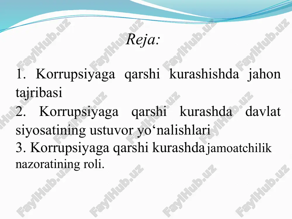 ati va uning salbiy jihatlari haqida tushuncha bera olish va umumiy bilim orqali korrupsiyaviy qilmish va uning oqibatlarini anglash malakasiga ega bo`lishi lozim maxsus kursning o`quv rejadagi boshqa fanlar bilan o`zaro bog`liqligi, uslubiy jihatdan uzviyligi va ketma-ketligi o`zbekiston konstitutsiyasi va huquqshunoslik fanlari maxsus kurs bilan huquqiy jihatdan bog`liqligini bildirsa ,tarix, ma`naviyat asoaslari,oila psixologiyasi ,shaxs va jamiyat, dinshunoslik va estetika fanlari esa maxsus kurs bilan ijtimoiy va uslubiy jihatdan uzviyligi va ketma- ketligini namoyon qiladi. zamonaviy axborot va pedagogik texnologiyalar zamonaviy axborot texnologiyalari :maxsus kurs o`quvchilarga slaydlar ,multimedia vositalaridan foydalangan holda o`qitiladi . zamonaviy pedagogik texnologiyalar :maxsus kursni o`qitish jarayonida “aqliy hujum “,”keys –stadi”, ”amaliy o`yin”,”mumoli vaziyat”, ”nima uchun “ va boshqalar qo`llaniladi nazariy, seminar mashg`ulotlari va mustaqil ishlari tashkil etish bo`yicha ko`rsatmalar nazariy mashg`ulotni tashkil etish:o`qituvchi huquqiy adabiyotlar,tegishli huquqiy normativ hujjatlar, oavmateriallaridan foydalangan holda, mavzu yuzasidan tushunchalarni reja asosida taqsimlab bilim beradi. seminar mashg`ulotini tashkil etish:savol-javob; asosiy tushunchalarni ilg`or pedagogik …