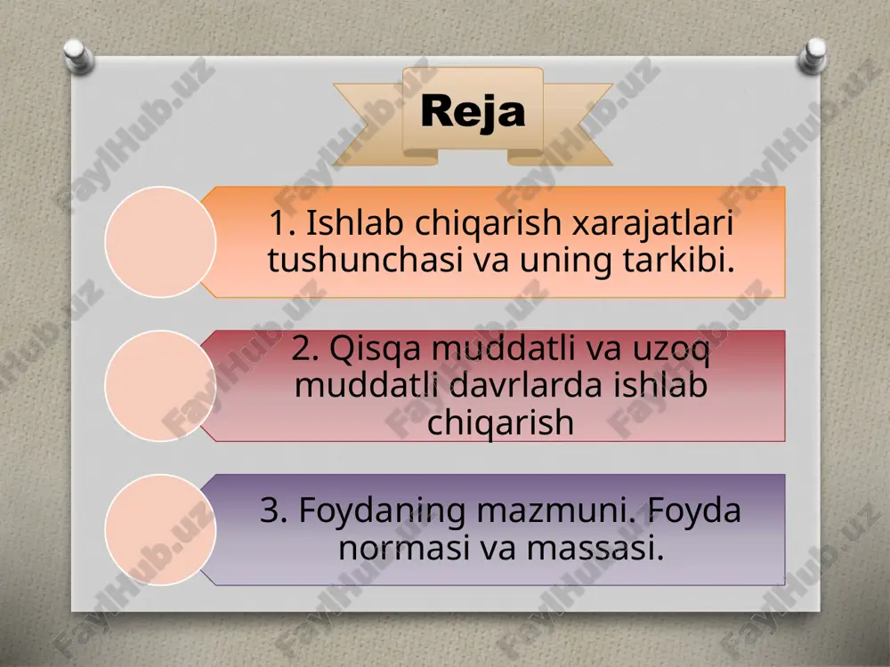 mablaғlari va uning uchun foizlar me‘yordagi foyda ijara ҳaqi bino-inshoot amortizatsiyasi ichki xarajatlar tashqi xarajatlar umumiy xarajatlar tashqi xarajatlar ichki xarajatlar korxonaning o’ziga tegishli bo’lgan resurslardan foydalanishi bilan bog’liq xarajatlar korxona tomonidan zarur resurs va xizmatlarni tashqaridan to’lov asosida jalb etishi natijasida vujudga keladigan xarajatlar summasidir. ishlab chiqarish hajmiga ta’sir qilish yoki qilmasligiga ko’ra xarajatlar doimiy va o’zgaruvchi xarajatlarga bo’linadi ishlab chiqarish hajmining o’zgarishiga (qisqarishi yoki ortishiga) ta‘sir qilmaydigan xarajatlar doimiy xarajatlar deyiladi o’zgaruvchi xarajatlar deb ishlab chiqarish hajmining o’zgarishiga ta‘sir qiladigan xarajatlarga aytiladi. ishlab chiqarishning har bir darajasida doimiy va o’zgaruvchan xarajatlar yig’indisi umumiy yoki yalpi xarajatlarni (tc) tashkil qiladi. o’rtacha umumiy xarajatlarni o’rtacha doimiy va o’rtacha o’zgaruvchi xarajatlarning yig’indisi sifatida ham ifodalash mumkin: atc=afc+avc 15 ishlab chiqarish xarajatlarining davrlarda o’zgarish tamoyillari qisqa muddatli davr jonli mehnat xarajatlarini oshirish, ya’ni qo’shimcha ishchi kuchini yollash xomashyo, material, elektr energiyasi va boshqa xarajatlar miqdorini ko’paytirish uzoq muddatli davr barcha xarajatlar, doimiy …