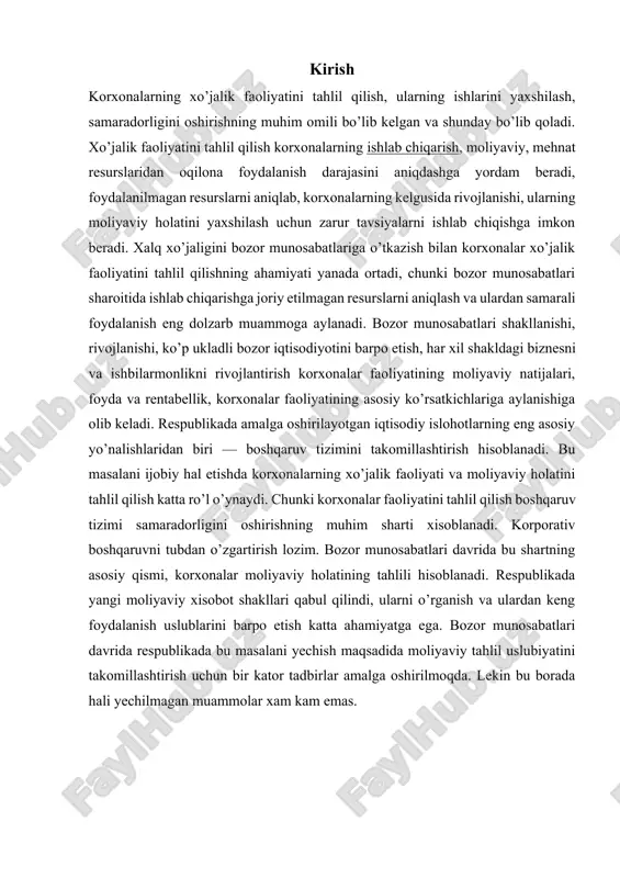 l qilindi, ularni o’rganish va ulardan keng foydalanish uslublarini barpo etish katta ahamiyatga ega. bozor munosabatlari davrida respublikada bu masalani yechish maqsadida moliyaviy tahlil uslubiyatini takomillashtirish uchun bir kator tadbirlar amalga oshirilmoqda. lekin bu borada hali yechilmagan muammolar xam kam emas. 1.korxona moliyaviy tahlili korxonalarnin moliyaviy holati bu: - kompleks ravishdagi tushuncha bo’lib, u o’z ichiga keng ko’rsatkichlar tizimini oladi, ular korxonalarning moliyaviy resurslari borligini, holatini, joylashganligini va ulardan foydalanish darajasini ifodalaydi; - korxonalar faoliyatidagi butun ishlab chiqarish va xo’jalik omillarining harakati, ularning o’zaro aloqadorligi natijasidir; - korxonalarning mo’’tadil ishlab chiqarish, tadbirkorlik va boshqa faoliyati uchun zarur bo’lgan moliyaviy resurslar bilan ta’minlanganligi va ulardan samarali foydalanish ifodasidir; - korxonalarning boshqa xo’jalik sub’yektlari, organlari va tashkilotlari bilan o’zaro aloqalarni haqiqiy aks ettirishidir. korxonalarning ichki va tashqi omillar ta’siri ostida shakllangan moliyaviy holati, ularning istiqbolini aniqlash bilan birga, bu korxona bilan aloqada bo’lgan boshqa tashkilotlar va korxonalarning moliyaviy holatiga ta’sir ko’rsatadi. umuman …