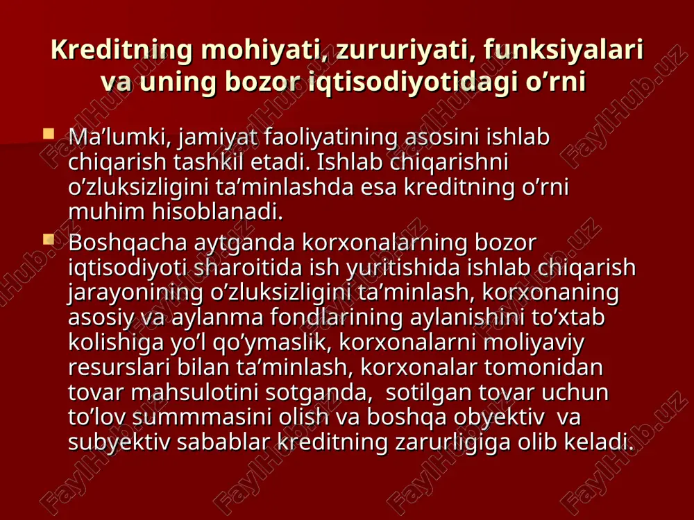 ligi shu bilan bog’liqki korxonalar mahsulot sotishda, xodimlarga mehnat xaki hisoblanganda, korxona va jismoniy shaxslar o’z pullarini banklarda saklashi va boshqa xollarda vaqtinchalik bo’sh bo’lgan pul mablag’lari bo’lgani xolda boshqa korxona va tashkilotlarda o’z faoliyatlarini o’zluksizligini ta’minlash uchun tegishli pul mablag’iga ehtiyoj sezadi. bu xolat qishloq xo’jalik korxonalariga ham tegishli bo’lib, bu ishlab chiqarishni mavsumiyligi, mahsulot ishlab chiqarish vaqti bilan uni sotish xajmini ko’pchilik mahsulotlar bo’yicha mos kelmasligi, sotilgan mahsulotlarga pulni o’z vaqtida kelib tushmasligi va boshqa xolatlar ularni kreditdan foydalanishni takozo etadi. bozor iqtisodiyoti sharoitida kreditning ahamiyatini oshishi quyidagilar bilan bog’liq: naqd puldan foydalanishni kamaytirib, muomila harajatlarini, pul emissiyasini kamayishini ta’minlaydi. korxonalar va axolining vaqtinchalik bo’sh pul mablag’lari kredit muassasalarida saqlanishi tufayli ulardan unumli foydalanish ta’minlanadi. bank muassasalariga tuplangan pullar xalq xujaligi tarmoqlari, korxonalarning asosiy va aylanma mablaglarining tuldirishning qarzga olingan manbai sifatida muhim ahamiyatga ega. kredit tufayli xujaliklar urtasidagi shartnoma majburiyatlarining bajarilishi ta’minlanadi, mahsulot ishlab chiqarish va sotish …
