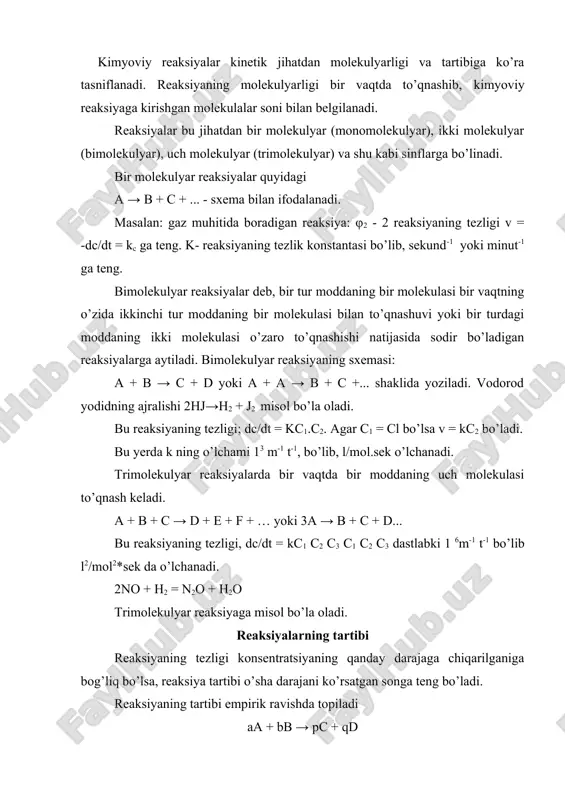 ichlari yig’indisi d+b=n dir. agar reagentlar stexometrik nisbatda olingan bo’lsa, reaksiya tezligi bilan konsentratsiya orasidagi munosabat umumiy tarzda: ko’rinishda yoziladi. bu tenglamadagi t reaksiyaning tartibi, k esa tezlik konstantasi, c esa reaksiya uchun olingan moddalarning konsentratsiyasi. sanoatda reaksiyaning tartibi va uning molekulyarligi degan tushunchalar quyidagi ikki holatda boshqa-boshqa ma’noni beradi. 1) bu holda reaksiya bosqichlar bilan boradi. bir necha bosqichda boradigan reaksiya tezligi eng sust boradigan bosqich tezligiga bog’liq bo’ladi, chunki boshqa bosqichlar tez borsa ham, sust boruvchi bosqich butun jarayonni kechiktirib turadi. agar ana shu sust boruvchi bosqich, masalan, bimolekulyar bo’lsa, u holda barcha jarayonning tezligi ikkinchi tartibli reaksiya qonunlariga bo’ysunadi. bu holda eng sust boruvchi bosqichning molekulyarligi umumiy jarayonning qaysi tartibli reaksiya ekanligini aniqlab beradi. 2) ikkinchi holatda reaksiyada ishtirok etayotgan moddalarning konsentratsiyalari orasidagi farq katta bo’ladi. reaksiya tezligi konsentratsiyaning o’zgarishiga bog’liq. demak, reaksiyaning tartibi empirik ravishda topiladigan tushuncha bo’lib, reaksiyaning molekulyarligi nazariy tushunchadir. aktivlanish nazariyasi molekulalar orasida …