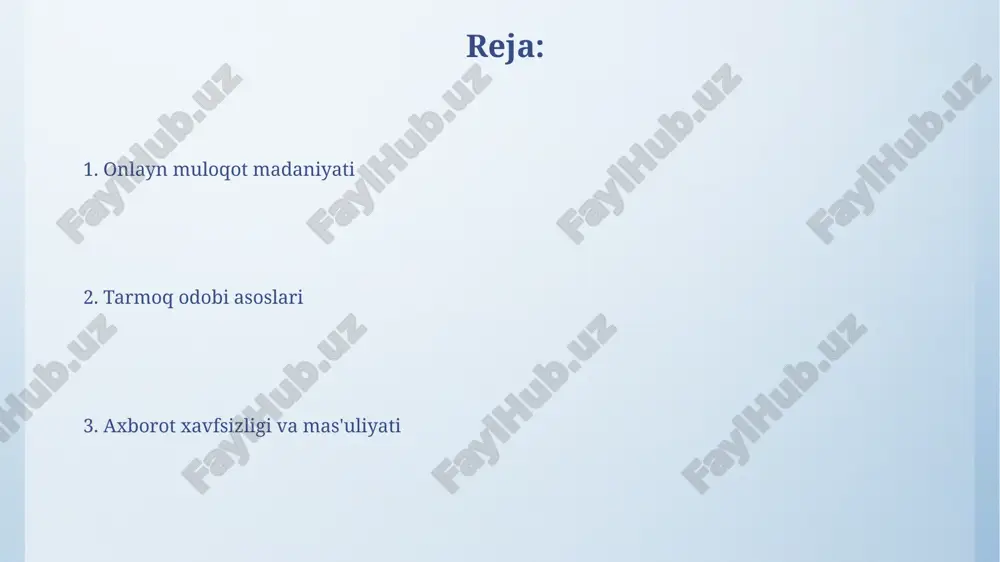 12 ta belgidan iborat, katta va kichik harflar, raqamlar va maxsus belgilarni o'z ichiga olgan kuchli parollardan foydalanish tavsiya etiladi. tarmoq resurslaridan, masalan, 100 mb dan ortiq fayllarni yuklashdan oldin, administrator bilan oldindan kelishib olish kerak, aks holda tarmoqning umumiy tezligi pasayishi mumkin. onlayn xavfsizlik va maxfiylik онлайн хавфсизликни таъминлаш учун 2-омилли автентификациядан (2fa) фойдаланинг, бу сизнинг ҳисоб кийимингизни ҳимоя қилишда 90% гача самара беради. фишинг ҳужумларидан сақланиш учун, электрон почта ва sms хабарлардаги нотаниш ҳаволаларга босишдан ва шахсий маълумотларингизни бегона шахсларга тақдим этишдан сақланинг. e'tiboringiz uchun rahmat @taqdimot_robot image4.png image5.jpg image6.jpg image7.jpg image8.jpg image9.jpg image10.jpg image3.jpeg