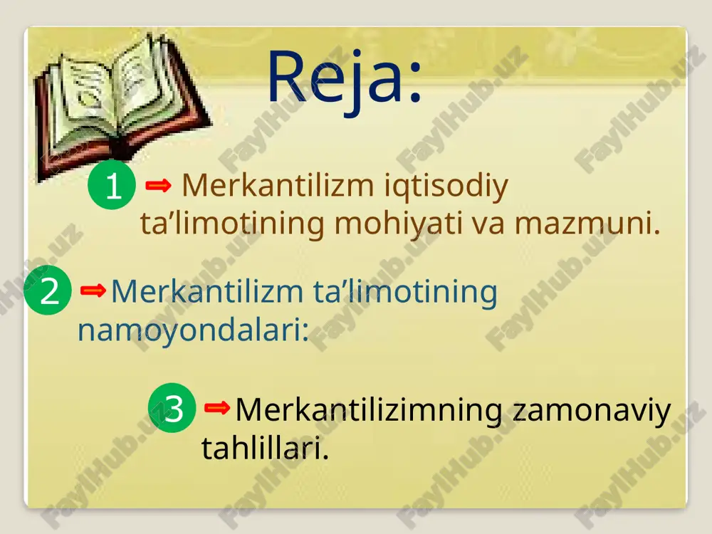 ylik bilan bir narsa deb qaradilar; merkantilistlarning tamoyillari: eksportni, ayniqsa, tayyor mahsulotlar eksportini rag’batlantirish ish haqining past darajasini ushlab turish mamlakatga oltin va kumushning oqib kelishini ta’minlash maqsadida tashqi savdoni tartibga solish arzon xom ashyoni import qilish yo’li bilan sanoatni rag’batlantirish import qilinadigan sanoat tovarlariga protek-tsionistik tariflarni belgilash har qanday oltin va qimmatbaho narsalarga boylik sifatida qarash; dastlabki merkantilizm. - davlatning kuch-qudrati pulda, shunga qarab aholining turmush tarzi shakllanadi.pulni qonuniy yo’l bilan ko’paytirish.davlat qimmatbaho metallarni chetga chiqarmaslik, importni cheklashga harakat qilishi, chetdan pul kirib kelishini rag’batlantirish kerak. keyingi merkantilizm. - aktiv savdo balansiga erishish, ya’ni ko’roq sotib sotib olishni targ’ib qilishadi. merkantilizm merkantilizm ta’limotining namoyondalari: marian xvii asrning 20-yillarida ispan bimetall monetar nazariyasining yetuk himoyachisi qimmatli toshlardan iborat xorijiy monetalarga ayirboshlanadigan tovarlarni chetga chiqarishdan boshqa, barcha har qanday tashqi savdoni man etish talabini ilgari surdi. u chetga faqat tayyor mahsulot chiqarishni, isrofgarchilikka qarshi qattiq kurashishni, qimmatbaho xorijiy tovarlarni iste’-mol qilishdan …