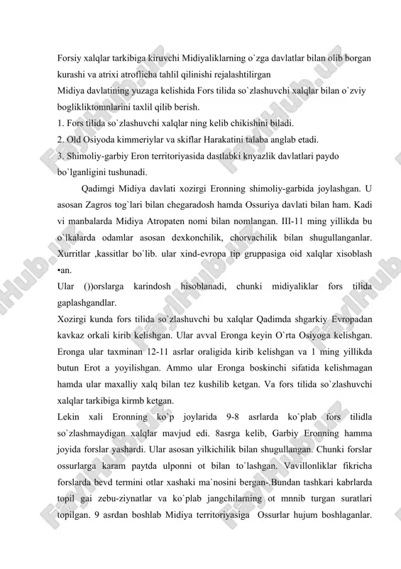 ndan tashkari kabrlarda topil gai zеbu-ziynatlar va ko`plab jangchilarning ot mnnib turgan suratlari topilgan. 9 asrdan boshlab midiya tеrritoriyasiga ossurlar hujum boshlaganlar. boylik orttirnsh maqsadida. bu vaktda eronda mayda knyazliklar mavud edi. ular asosan midiyaliklar hamda maxalliy xalqlar xisoblangan kassitlar xurritlar edi. lеkin ular shahar yoki kurgoniga ega edilar. kеyin ossurlar fors o`lkasja jumladan 744 yili ossur podshosi tiglatpalasar 3 xozirgi tеxron yakinigacha bostirnb kirdi. midiyalikldar o`zok vakt solik to`lashga majbur bo`ldilar. butun 8 asr mobayni da midiyaliklar ossurdar zulmi ostida bo`ldi. va nixoyat, 8 asrning oxirida garbiy eron tеrritoriyasida dastlabki davlatlar uyushmasi paydo bo`ldi. janubiy sharkiy urmiya quli yakinida manna podsholigi yuzaga kеldi. sabab ossurlarning tuxtovsiz hujumi tufayli knyazlik davlatlari birlashishga majbur bo`ldilar. bu davrda ya`ni 8 asr oxirida old osiyoda vaziyat ogirligi sababali kora dеngiz buyidagi kimmsriy qabilalari ham harakat boshladi. yana skif qabilalari ham harakag boshladi. ular urartu va ossur еrlarig a hujum uyushtirdilar. ammo yuqoridagi ko`chmanchi …