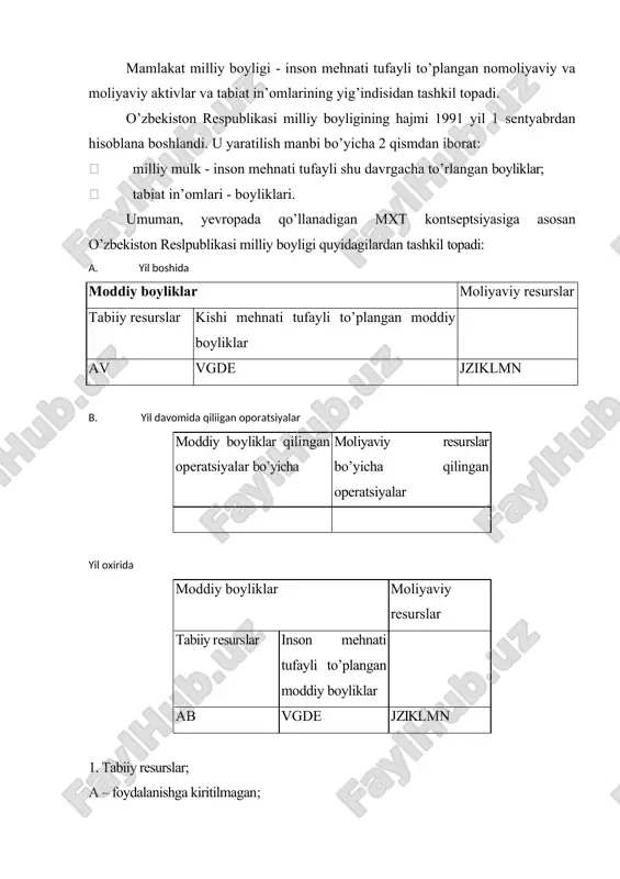 e – boshqa moddiy boyliklar. 3. moliyaviy resurslar: j – oltin; z – mavjud pullar va bankdagi hisoblar; i – qimmatli qog’ozlar (aktsiyalardan tashkari); k – zayomlar; i l – aktsiyalar; m – sug’uta fondlari; n – boshqa moliyaviy mablag’lar. milliy boylik hajmi odatda yil boshi va oxirida quyidagicha aniqlanadi: mb qtb + kmtymb + mr bunda: mb – milliy boylik; tr – tabiiy resurslar; kmtymb – inson mehnati tufayli yig’ilgan moddiy boyliklari; mr – moliyaviy resurslar. asosiy fondlarning takror ishlab chiqarish ko’rsatkichlari quyidagi koeffitsiyentlar orqali ifodalanadi va o’rganiladi: 1. asosiy fondlarning o’sish koeffitsiyenti; 2. asosiy fondlarning qo’shimcha o’sish koeffitsiyenti; 3. asosiy fondlarning eskirish koeffitsiyenti; 4. asosiy fondlarning yaroqlilik koeffitsiyenti; 5. asosiy fondlarning safini to’ldirish koeffitsiyenti; 6. asosiy fondlarning yangilanish koeffitsiyenti; asosiy fondlarning takror ishlab chiqarish ko’rsatkichlarini samarqand viloyati qorako’l birlashmasining 2009 yildagi “asosiy vositalar harakati to’g’risidagi hisoboti” ma’lumotlari asosida hisoblaymiz. ular quyidagi jadvalda keltirilgan. asosiy vositalarning holati va harakati …