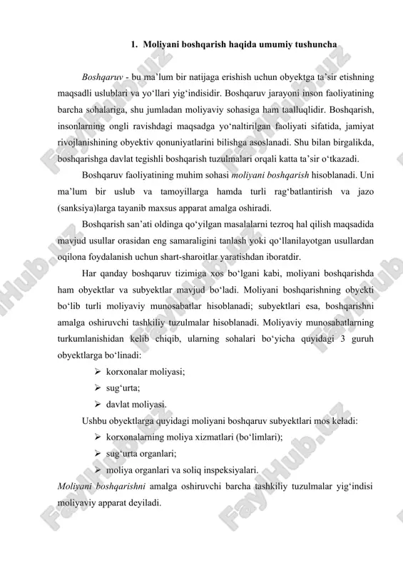 at moliyasini boshqarishning maqsadi moliya siyosati shartlarini amalga oshirish hisoblanadi. aynan samarali moliya siyosati bevosita moliyaning o‘ziga (boshqaruv obyektiga) yuklatilgan ishning aniq bir usullari bilan, moliya tizimi organlarini (boshqaruv subyektlarini) tashkil qilish bilan bog‘liq bo‘lgan boshqarishning potensial imkoniyatlarini yaxlit birlashtirish imkonini beradi. barcha davlatlarda moliya siyosati institutsional moliya tizimi orqali amalga oshiriladi. ularning faoliyati moliyaning bo‘g‘inlarini xususiyatlarini, barcha moliya muassasalari funksiyalarini uslubiy umumiyligini hisobga olgan holda; boshqarishning barcha quyi organlarini markazlashgan boshqaruvda faol ishtirok etishini hisobga olgan holda moliyani boshqarishga quriladi. moliya siyosatini yuritish va mos ravishda moliyani boshqarishning asosiy uslubiy tamoyillari quyidagilar hisoblanadi: · yakuniy maqsadlarga bog‘liqlik · barcha xo‘jalik tarmoqlarining makroiqtisodiy balanslashuvi; · jamiyatning barcha a’zolari manfaatlariga mos kelishlik; · iqtisodiy qonunlardan foydalanish; · real imkoniyatlar asosida ichki va tashqi iqtisodiy hamda siyosiy sharoitlarni hisobga olish. moliyani boshqarishning maqsadi – makroiqtisodiy balanslashuvda, budjet profitsitida, davlat qarzining kamayishida, milliy valyutaning mustahkamligida, natijada esa aholining farovonligini o‘sishida namoyon bo‘luvchi barqarorlik …