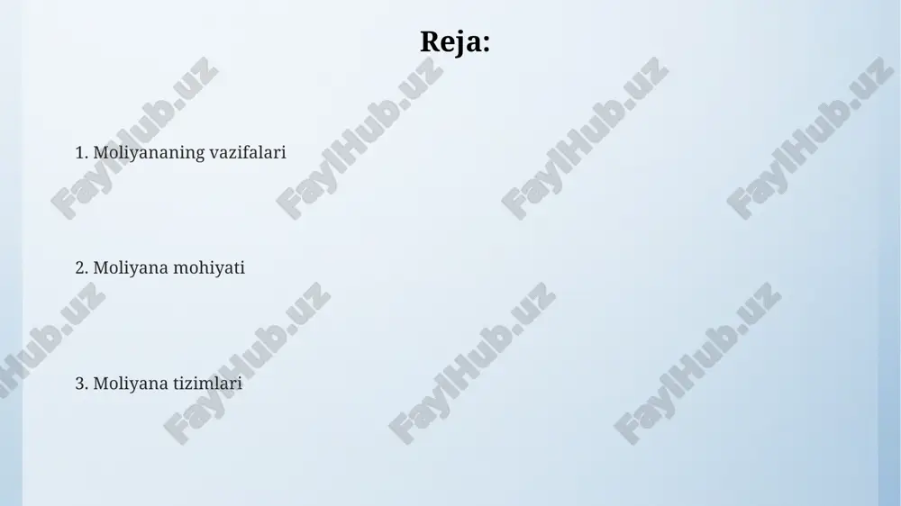 sbati barqarorlikni ko'rsatadi) korxonaning likvidligi va moliyaviy barqarorligini aniqlashda muhim rol o'ynaydi. moliyaviy tahlilda balans va daromadlar hisobotlari tahlili orqali olingan ma'lumotlar asosida, aktivlarning aylanish tezligi (inventar aylanishi 6 dan yuqori) va qarzlarning to'lanishi tezligi (debitor qarzlari 30 kundan kam) kabi ko'rsatkichlar hisoblanadi. moliyaning asosiy funksiyalari молиёнинг асосий функцияларидан бири – корхонанинг 10 дан ортиқ молиявий ресурсларини самарали бошқариш, бунинг учун ҳисоб-китобларни тўғри амалга ошириш ва молиявий таҳлилни ўтказиш талаб этилади. молиявий хатарларни баҳолаш ва уларни камайтириш бўйича чора-тадбирларни ишлаб чиқиш, шунингдек, капиталнинг рентабеллигини ошириш молиянинг муҳим функциясидир. молиявий режаларни тузиш ва амалга ошириш, бюджет назорати ва 3-5 йиллик прогнозларни ишлаб чиқиш молия бўлимининг муҳим вазифаларидан ҳисобланади. moliyaviy menejment moliyaviy menejment korxona faoliyatining 3 ta asosiy sohasini – moliya, investitsiya va byudjetni o'z ichiga oladi, bu samarali resurslarni boshqarishni ta'minlaydi. moliyaviy tahlil natijalariga ko'ra, korxona rentabelligi 15% ga oshishi va 20% gacha xarajatlarni kamaytirish mumkinligi aniqlangan bo'lsa, bu moliyaviy menejmentning …