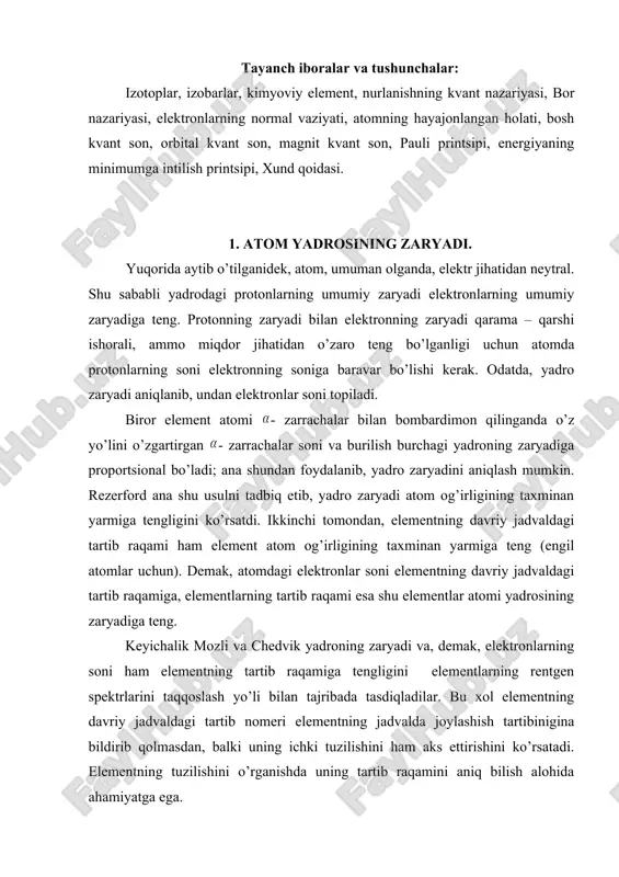 chalik mozli va chedvik yadroning zaryadi va, demak, elektronlarning soni ham elementning tartib raqamiga tengligini elementlarning rentgen spektrlarini taqqoslash yo’li bilan tajribada tasdiqladilar. bu xol elementning davriy jadvaldagi tartib nomeri elementning jadvalda joylashish tartibinigina bildirib qolmasdan, balki uning ichki tuzilishini ham aks ettirishini ko’rsatadi. elementning tuzilishini o’rganishda uning tartib raqamini aniq bilish alohida ahamiyatga ega. 1913 yilda ingliz olimi g. mozli 38 ta elementning rentgen spektrini tekshirdi, jumladan, kaltsiydan (z = 20) ruxgacha (z = 30) bo’lgan 11ta elementning rentgen spektrlarini sistemali ravishda tekshirib, bu elementlardan har birining rentgen spektridagi k – seriyasi bir – biriga yaqin joylashgan ikkita chiziq к va к dan iborat ekanligini kuzatdi. hosil qilingan rentgen spekrlarining rasmlarini esa elementlarning tartib raqamlari usish tartibida yuqoridan pastga qaratib joylashtirdi. vi.1– rasmda ti dan zn gacha bo’lgan elementlar uchun k– seriyadagi к va к chiziqlarning joylanishi ko’rsatilgan. rasmdan ko’rinadiki, bir elementdan ikkinchi elnmentga o’tganda elementlarning tartib raqamlari ortib …