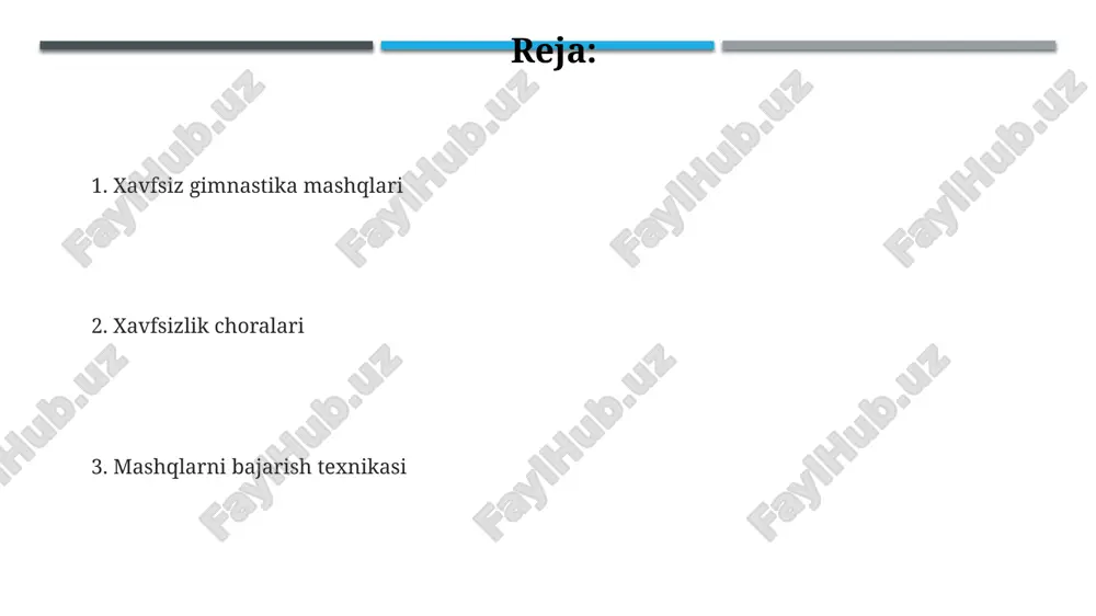 arta takrorlanadigan harakatlarni bosqichma-bosqich bajarish, to‘g‘ri nafas olish va mushaklarning cho‘zilishiga e’tibor qaratish muhim. mashqlarni bajarish jarayonida to‘g‘ri pozani saqlash, 60-90 gradus burchak ostida egilish va tana og‘irligini to‘g‘ri taqsimlash xavfsizlikni ta’minlaydi. asos asosiy mashqlar to'g'ri nafas olish texnikasi juda muhim: har bir harakatni bajarayotganda, 4 soniya davomida nafas olish va 6 soniya davomida nafas chiqarish kerak, bu mushaklarning kislorod bilan to'yishiga yordam beradi. asosiy gimnastika mashqlarini bajarishda 3-5 marta takrorlash tavsiya etiladi, har bir takrorlash oralig'ida 10-15 soniya dam olish kerak, bu mushaklarning to'liq tiklanishiga yordam beradi. mashqlarni boshlashdan oldin, 5-10 daqiqa davomida yengil isitish mashqlari, masalan, aylanma harakatlar va cho'zish mashqlari bajarish kerak, bu jarohatlarning oldini olishga yordam beradi. murakkab mashqlarni amalga oshirish murakkab mashqlarni bajarishdan oldin, 5-10 daqiqalik yaxshilab isitishni unutmang, bu jarohatlarni oldini olishga yordam beradi va mushaklarning moslashuvchanligini oshiradi. murakkab mashqlarni bajarishda, 3-5 marta takrorlash bilan boshlang va asta-sekin 8-12 takrorlashgacha oshiring, har bir mashq …