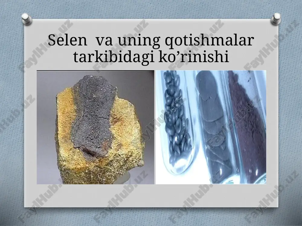 o4- bariy selenat fe2(seo4)3- tellur selenat, cr(seo4)2 – xrom selenat, mn2(seo4)7- marganes selenat va boshqa bir qator brikmalari mavjud reaksiyalari: h2o +se =h2se o2 + se=seo2 6h2o + 2se =h2seo3+h2 4h2o+se= h2seo4+ 3h2 ba+h2seo4=baseo4+h2 selenvodorod rangsiz gaz bo’lib o’zidan o’ta yoqimsiz hid chiqararadi, uning suvli eritmasi kislota deyiladi.molekulalarni zichlig quyidagi yo’nalish bo’yicha kamayib boradi. h2o→ h2s→ h2se→ h2te selenni aniqlashning ko’pchilik metodlari element holatigacha qaytarilishiga asoslangan. selinni aniqlashda tiomochevina, hcl ning gidroksilamini, yodidlar, vodorod rodonid kislotasi, pirrol, assimetrik difenilgidrazin, metil ko’ki va oq natriy sulfid reativ sifatda qo’llaniladi. reaktiv reaksion qobiliyat shakli reasiya natijasi topilish minumumi xaqit beradigan ionlar tiomochevina se(4) nim pushti (och qizil) cho’kma 5 te, no2--, cu, hg,bi,au, pt,pd xlorid kislotaning gidroksiamini se(4) --//-- 5 ko’pgina elementlar bunda te halaqit bermaydi yoditlar se(4) qizil jigar cho’kma 40 as(3),ge(4), mo(6), tellur xalaqit bermaydi selenni miqdor jixatdan aniqlashda gravimetrik metod yordamida va boshqa metodlardan foydalaniladi, gravimetrik metod gutber tomonidan …