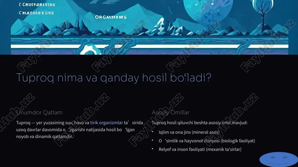 modda mavjudligini ko‘rsatadi. organik modda (humus) chirindi (gumus) tuproqning biologik, kimyoviy va fizik jarayonlarini tartibga soluvchi asosiy omildir. u tuproqni yopishtirib, suvni saqlash qobiliyatini oshiradi. organik modda tuproq unumdorligining kaliti bo‘lib, o‘simliklar uchun zarur bo‘lgan azot va boshqa elementlarning manbai hisoblanadi. 5 o‘zbekiston tuproqlari geografiyasi o‘zbekiston iqlimi va relyefining o‘ziga xosligi tuproq turlarining xilma-xilligiga sabab bo‘lgan. cho‘l mintaqasi (70%): katta hududlarda sur-qo‘ng‘ir tuproqlar, shuningdek, qumli cho‘l, taqir va sho‘rxok tuproqlari keng tarqalgan. bo‘z tuproqlar: tog‘oldi tekisliklarining asosiy tuproq turi bo‘lib, dehqonchilikda faol foydalaniladi. gidromorf tuproqlar: amudaryo va sirdaryo kabi daryo vodiylarida o‘tloq, botqoq va allyuvial tuproqlar uchraydi. ular yuqori darajada namlangan va ko'pincha sho'rlangan bo'ladi. 6 tuproq va o‘simliklar o‘zaro bog‘liqligi oziq moddalar tuproqdagi chirindi (gumus) o‘simliklarning o‘sishi uchun zarur bo‘lgan barcha makro- va mikroelementlarni ta’minlaydi. moslashuv cho‘l va sho‘rlangan tuproqlarda o‘sadigan o‘simliklar qurg‘oqchilik va tuz stressiga chidamli bo‘lib, tuproq sharoitiga evolyutsion tarzda moslashgan. rizobiom ildiz atrofidagi tuproq (rizosfera) mikroorganizmlar …
