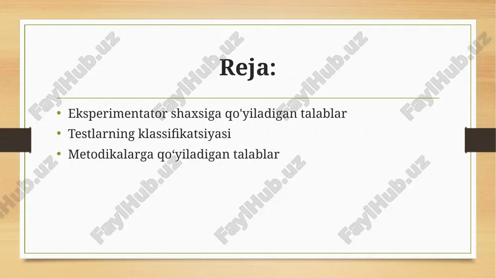 ohida belgilari, motivlar, emotsiyalar, masalan xarakter aktsentuatsiyasi, xavotirlik, fokus nazorati, yutuqqa erishish motivi, tajovuzkorlik va boshqalar aniqlanadi. shaxslararo testlar shaxslararo testlar - har xil ijtimoiy guruhlarda odamlarning munosabati sifatida ijtimoiy-psixologik o‘z-o‘zini attestatsiya qilish testi. amaliy testlar amaliy testlar - o'ziga topshiriq va shakllarni qamrab oladi, bunda sinaluvchi aniq predmet materiallari ularni almashtiruvchi materiallar bilan ko'rgazmali-harakatli reja asosida amaliy ish bajaradi. obrazli testlar obrazli testlar - obrazlar, surat, rasm, sxema va tasavvurlar bilan mashqlarni o'zi ichiga oladi. metodikalarga qo‘yiladigan talablar pedagogik-psixologik eksperiment, tadqiqotning ishonchli vositasi bo’lishi hamda natijalarning haqqoniyligiga ishonch hosil qilish uchun va ushbu natijalar asosida to‘gvri xulosa chiqarish uchun tadqiqotda qo’llanilgan psixodiagnostik metodika ilmiy asoslangan bo'lishi kerak, bunda metodlar quyidagi talablarga javob berishi lozim: validlik, ishonchlilik, bir sifatlilik va aniqlik. metodikaning ishonchliligi metodikaning ishonchliligi — metodika yordamida barqaror, qat’iy ko‘rsatkichlami olish imkoniyatlari bilan tavsiflanadi. psixologik test natijalarini nazorat qilish murakkab omillarga bog‘liq va bu quyidagilardir: asbob-uskunalarning o ‘lchov sifati; …