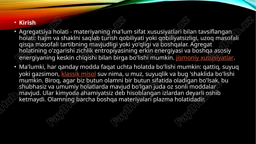 tajriba o‘tkazayotgan paytda ushbu fizik fenomenni sezib qolgan. aslida, plazma - moddaning agregat holatlari ichida koinotda eng keng tarqalgan ko‘rinishidir. xususan, deyarli barcha charaqlab turgan yulduzlar asosan plazmadan tashkil topgan bo‘ladi. yer sharoitidagi plazma manbalariga oddiy misollar tariqasida, fluoressent lampalar, plazmali televizorlar, neon reklamalari va chaqmoqlarni keltirish mumkin. yer atmosferasining yuqori qatlamlaridan biri - ionosfera ham quyosh nurlanishlari tufayli yuzaga kelgan plazmadan iborat. olis masofalarga radioaloqa signallari uzatish sohasida aynan ionosfera juda katta ahamiyat kasb etadi. plazma zaryadlangan zarralar (ham ionlar, ham elektronlar) va neytral (atomlar va molekulalar) gazidir, balki fotonlar hamdir. keyinchalik o'ziga xos bo'lib, u to'liq yoki qisman ionlashtiriladigan gaz sifatida xarakterlanishi mumkin, ya'ni butunlay elektr bilan neytral, ya'ni ijobiy va salbiy to'lovlar soni bir xil. odatda 4-modda modda sifatida qaraladi, chunki u gazga energiya etkazib berganda paydo bo'ladi, ammo qattiqdan suyuqlikka va suyuqlikdan gazga o'tish kabi keskin o'zgarishlarsiz o'tish mumkin. plazma uchun muqobil nom, zarrachalarning dezeksifikasiyasi tufayli …