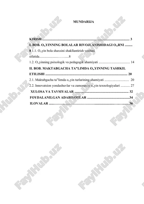 ilish masalasi muhim ahamiyat kasb etmoqda. shu boisdan ham davlat siyosati doirasida bolalar ta‟limi va tarbiyasiga alohida e‟tibor qaratilib, maktabgacha ta‟lim tizimi modernizatsiya qilinmoqda. o„yin bola uchun tabiiy faoliyat bo„lib, u orqali u o„z atrof-muhitini anglaydi, jamiyat bilan tanishadi, o„zini ifoda etish imkoniyatiga ega bo„ladi. shu sababli o„yin pedagogik jarayonda eng asosiy metodlardan biri sifatida qaralishi lozim. bolalar uchun o„yin shunchaki mashg„ulot emas, balki ularga atrof-muhitni tushunish, odamlar bilan muloqot qilish va o„z imkoniyatlarini sinab ko„rish imkonini beradi. o„yin bola ongini, tasavvurini va ijodiy fikrlashini rivojlantirish uchun qulay muhit yaratadi. pedagoglar va ota-onalar bolalar o„yinlariga e‟tibor qaratishi, ularni to„g„ri yo„naltirishi, rivojlantiruvchi o„yin turlaridan foydalanishi kerak. o„yin bolaning kelajak hayotiga tayyorgarlik jarayonining muhim qismi hisoblanadi. o„yin bolaning psixologik rivojlanishida ham muhim rol o„ynaydi. bolalar o„yinda o„z his-tuyg„ularini ifoda qilish, ijtimoiy rollarni o„rganish, o„zini boshqalar o„rniga qo„yib ko„rish imkoniyatiga ega bo„ladi. shu sababli maktabgacha ta‟lim tashkilotlarida o„yin faoliyati ta‟lim jarayonining ajralmas qismi …
