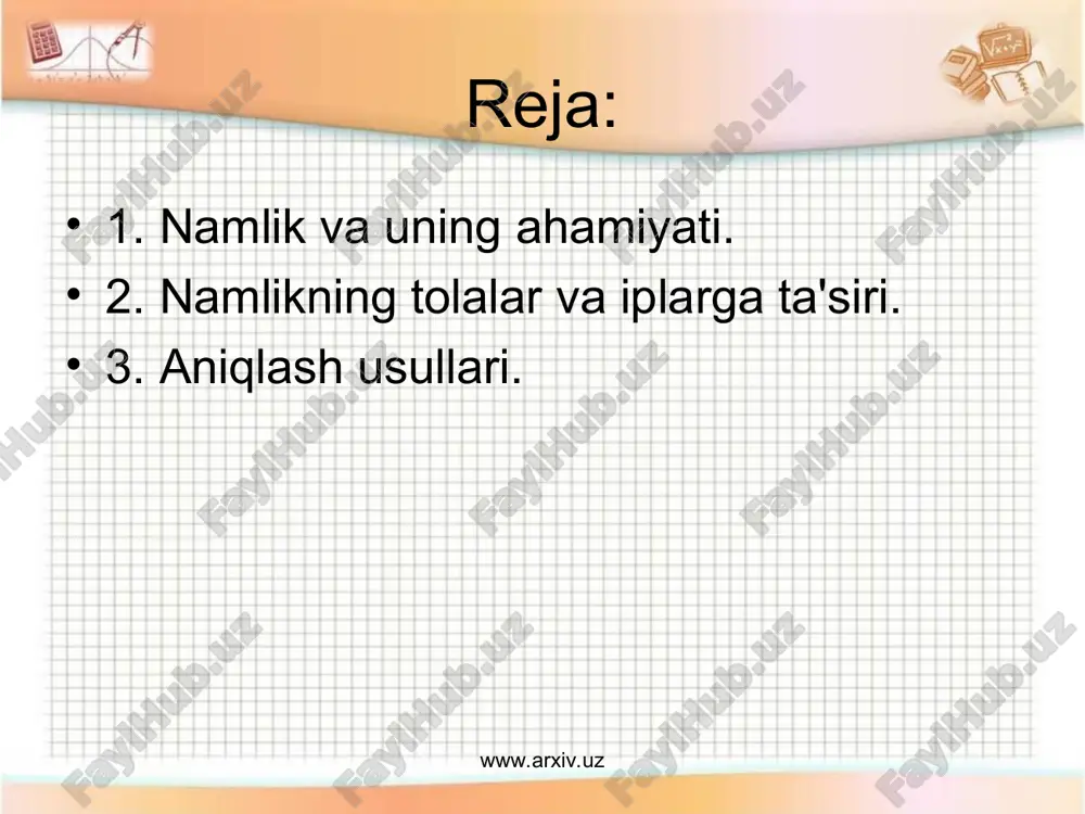 achilik mahsulotlari konditsion og`irlik bilan olinadi. + m100 + wem,, - maxsulotning og`irligi wc – haqiqiy namligi mk - konditsion og`irligi wt - konditsion namligi tola va iplar namlikni har xil tortib oladi, bunga qarab fizik-mexanik xossalari o`zgaradi. agar paxta tolasidan olingan kalava ipni suvga bir oz vaqtga solib www.arxiv.uz www.arxiv.uz qo'ysak, ularni mustahkamligi oshadi 18-20% viskoza tolasidan olingan kalava iplar esa 50-60% ustahkamligini yo`qotadi. 50 % gacha www.arxiv.uz www.arxiv.uz sintetik iplarning mustahkamligi o`zgarmaydi. bu ularning tuzilishiga bog`liq. paxta tolasi suvga solinmasdan oldin suvda ushlangandan keyin namlikni aniqlash usullari . konditsion_apparat - ak - 2. namuna issiq havo bilan quritiladi, bir vaqtda 6 namuna quritish mumkin. birinchi tortilishi 30 min; namuna og`irligini aniqlash bilan boshlanadi. keyingilari har 15 minutdan keyin. bunda biz namuna namlikni kamayishi aniqlashimiz mumkin va grafik chizishimiz mumkin. www.arxiv.uz www.arxiv.uz 2. quritilishi shkaflarda va elektrovlagomer - asbobida. bu usul bilan olingan natijalar, ko`p xatoga ega bo`ladi, chunki …
