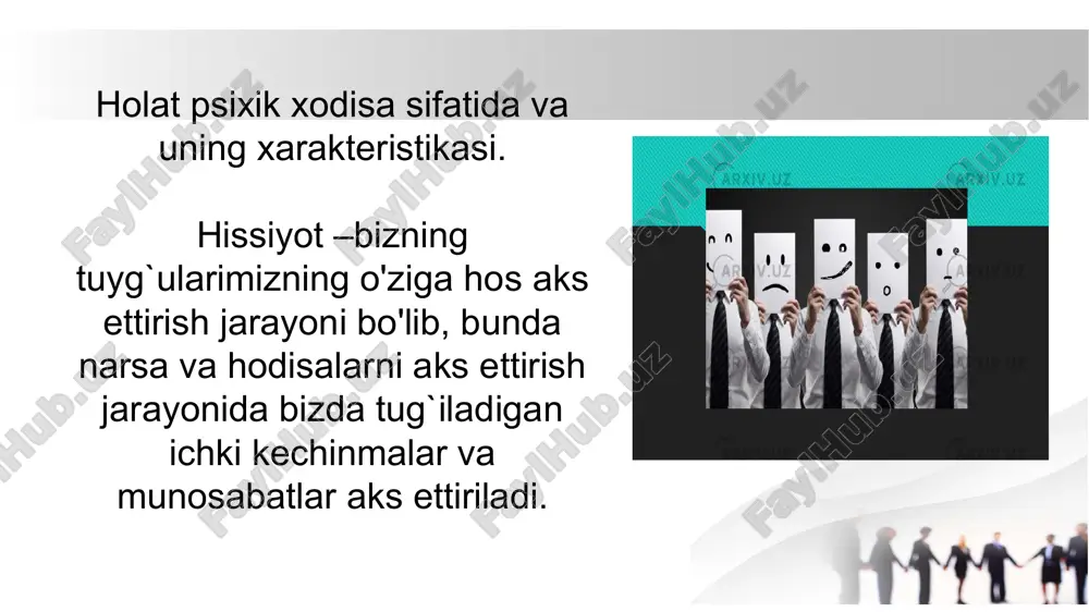 a bilan bog‘liq bo‘ladilar. bundan tashqari, anglanmaydigan soha bilan bog‘langan, sezgilar esa ongimizda maksimal darajada namoyon bo‘lgandirlar. inson sezgilari doimo tashqi ifodalarga ega bo‘ladilar, hissiyotlar esa ega bo‘lmaydilar. va nihoyat, hissiyotlar ko‘proq vaziyatga bog‘liq va qisqa muddatli bo‘ladilar, sezgilar esa davomliroq va yorqin ifodalangan predmetli xarakterga ega. ular odamning ma’lum ob’ektlarga nisbatan barqaror munosabatini aks ettiradilar. sezgilar insonning madaniy-tarixiy rivojlanish jarayonida paydo bo‘lganlar va rivoj topganlar. hissiyot va tuyg‘ular o‘rtasida umumiylik ko‘p, lekin farqlar ham mavjuddir. xuddi shunday, hissiyotlar – bu kengroq tushuncha, hislar emotsional kechinmalarning ifodalanishlaridan biri. hissiyotlar – birlamchi, hislar esa – paydo bo‘lishi, kelib chiqishi jihatidan ikkilamchi. hissiyotlar yo‘nalishli reaksiya xususiyatiga ega bo‘lgani uchun, ular ko‘pincha, noaniq va etarlicha anglanmagan bo‘ladilar, sezgilar esa, ko‘p hollarda aniq va jism bilan bog‘liq bo‘ladilar. hissiyotlar biologik jarayonlar bilan, sezgilar esa – ijtimoiy soha bilan bog‘liq bo‘ladilar. bundan tashqari, anglanmaydigan soha bilan bog‘langan, sezgilar esa ongimizda maksimal darajada namoyon bo‘lgandirlar. inson …