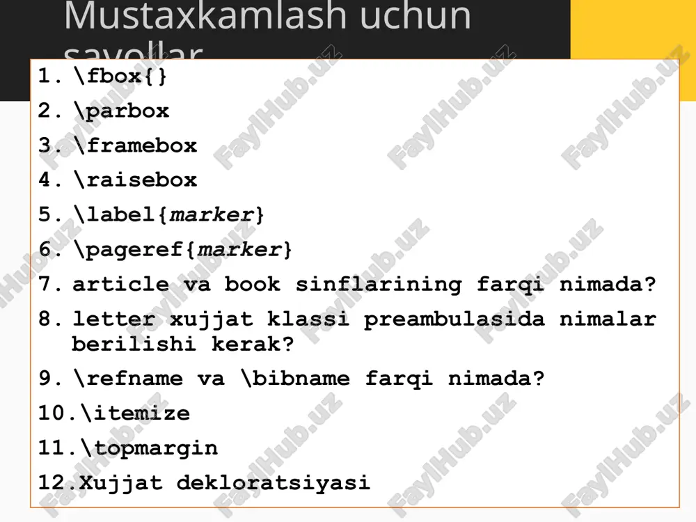 rtirish amalga oshiramiz. ustunlar sonini uchtaga oshiramiz. buning uchun komanda argumenti{cc}ni, {llc} deb o‘zgartiramiz, hamda matnga qo‘shimcha kiritamiz: \begin{document} \begin{tabular}{llc} tip perechnya & numeratsiya \\[5pt] \ttfamily itemize & net & est\\ \ttfamily enumerate & est\\ \ttfamily description & net\\ \end{tabular} \end{document} jadvallarni xosil qilishda murakkab tuzilmalarni xam xosil qilish mumkin: \begin{document} slovo \begin{tabular}{rr} a & b\\v & g \end{tabular} slovo \end{document} jadval komandasini majburiy bo‘lmagan argumenti “b” yordamida jadval kattaligi pastki qatorga, “t” parametr bilan esa yuqorigi qatorga tekslanishi mumkin: \begin{document} slovo \begin{tabular}{rr} a & b\\v & g \end{tabular} \begin{tabular}[t]{rr} a & b\\v & g \end{tabular} \begin{tabular}[b]{rr} a & b\\v & g \end{tabular} \end{document} jadvallarni kiritishda ularni ramkalarini xam xosil qilish mumkin. buning uchun \hline komandasi yordamida gorizontal chiziq, “|” simvoli yordamida vertikal chiziqni tashkil etish mumkin. chiziqlarni ikkilangan, uchlangan va xokozo xam qilish mumkin. buning uchun komandalar shuncha marotaba takrorlanadi. \documentclass[12pt]{article} \usepackage[cp1251]{inputenc} \usepackage[t2a]{fontenc} \usepackage[russian]{babel} \begin{document} \begin{tabular}{||l|l||} \hline slon & …