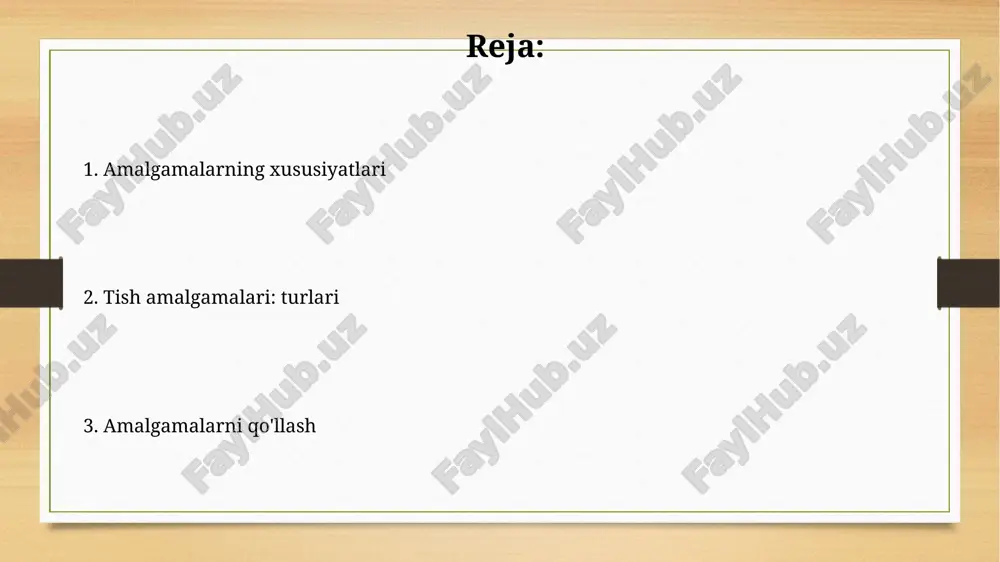 yaga kirishib, mustahkam va plastik material hosil qiladi. amalgamning afzalliklari amalgam materialning antimikrobial xususiyatlari bor, bu plomba atrofida ikkilamchi karies (chiqindi) xavfini kamaytiradi. amalgam plombalarning chidamliligi yuqori bo'lib, tishlarni tish g'ijirlashi va kuchli chaynash kabi katta bosimlardan himoya qiladi. amalgam bilan ishlash texnikasi amalgam aralashtirishda amalgamatorning tezligi va aralashtirish vaqti juda muhim. odatda 4000-4800 aylanish/min tezlikda 6-10 soniya davomida aralashtiriladi. amalgamni qo'llashda 0.45 ko'prikli qisqichlardan foydalaniladi. bu qisqichlar amalgamni zichlash va ortiqcha simobni olib tashlash uchun ishlatiladi, shu bilan mustahkamlikka erishiladi. xulosa amalgamalar stomatologiyada 150 yildan ortiq vaqt davomida ishlatilgan, bu ularning chidamliligi va arzon narxini isbotlaydi, ammo kompozitlar kabi alternativlar tobora ommalashib bormoqda. zamonaviy tadqiqotlar amalgamalarning tish biologiyasi bilan uyg'unligini yaxshilashga qaratilgan, bunda mis va palladiy kabi yangi elementlarning qo'shilishi muhim rol o'ynaydi. amalgamning kamchiliklari amalgamada korroziya va kengayish xususiyatlari mavjud, bu vaqt o'tishi bilan tish tuzilishini buzishi, yoriqlar paydo bo'lishi va marginal buzilishga olib kelishi mumkin. amalgama tarkibida …