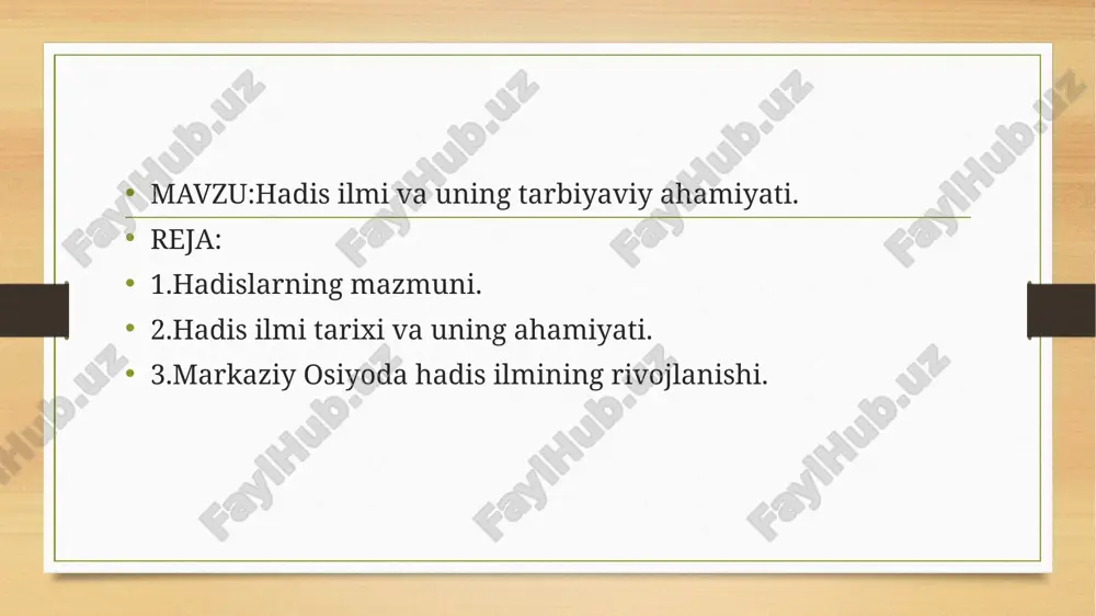 ih“, „sunan“ deb atalmish turli yoʻnalishlar vujudga keldi. „musnad“ yoʻnalishida tasnif etilgan toʻplamlarda turli mavzudagi hadislar bir joyda keltirilib, ular hadis rivoyat qiluvchi sahobalarning islom dinini qabul qilgan vaqtiga koʻra yoki alifbo tartibida joylashtirilgan. abu hanifa, ahmad ibn hanbalgʻging hadis kitoblari shu yoʻnalishga mansub. „sahih“ yoʻnalishiga to‘gʻri, ishonarli hadislar kiritilgan. bu yoʻnalishga imom buxoriy asos solgan. „sunan“ yoʻnalishidagi toʻplamga esa, toʻgʻri, ishonarli hadislar bilan bir qatorda „zaif“ hadislar ham kiritilgan. abu dovud, abu iso termiziy, nasoiy, ibn moja toʻplamlari shu yoʻnalishga mansubdir. avvalambor, biz faxr va iftixor bilan ta'kidlay olamizki, biz, o'zbek ahli dunyo ahliga ilm-u ma'rifat, iymon, e'tiqod sabog'ini ulashgan buyuk ajdodlarning avlodlarimiz. buning buyuk asosi esa hech shubhasiz, muqaddas dinimiz-islom diniga borib taqaladi. dinimiz bizni eng avvalo ezgulikka, tinchlikka, asl insoniy fazilatlarni, insoniylikni asrab-avaylashga da'vat etadi. markaziy osiyo uyg'onish davrining ko'plab yorqin namoyondalari islom va jahon sivilizatsiyasiga qo'shgan bebaho hissasini alohida qayd etmoqchiman. ana shunday allomalarimizdan biri imom …