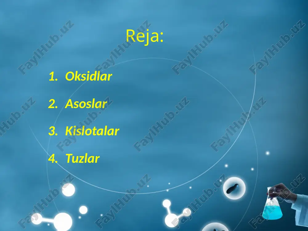 nacl, kcl, cacl2, ba(no3)2, al2 (so4)3, feso4. 2. nordon tuzlar: ikki yoki uch negizli (ko‘p negizli) kislotalar nordon tuzlarni hosil qiladi. nahco3, ca(hco3)2, khso4, ca(h2po4)2. 3. asosli yoki gidroksid tuzlar: (cuoh)2co3, ca(oh)cl, mg(oh) no3, al(oh)2cl. 4. qo‘shaloq tuzlar (qo‘sh tuzlar): ikki xil metall va 1 ta kislota qoldig‘idan tashkil topgan tuzlar. bunday tuzlar ichida amaliy ahamiyatga ega bo‘lganlari achchiqtoshlardir: kal(so4)2, nh4 al(so4)2. 5. aralash tuzlar: bir xil metall va ikki xil kislota qoldig‘idan hosil bo‘lgan tuzlar aralash tuzlar deyiladi: caclocl (yoki caocl2). image2.jpeg image3.png image4.png image5.png image6.jpeg image7.jpeg image8.jpeg image9.jpeg image10.jpeg image11.jpeg image12.png image13.jpeg image14.jpeg image15.jpeg image16.png image17.jpeg image18.png image19.jpeg image20.png image21.jpeg image22.jpeg image23.jpeg image24.jpeg image25.jpeg image26.jpeg image1.jpeg chemistry laboratory equipment, test tubes /docprops/thumbnail.jpeg