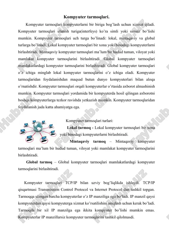 moq texnologiyalari – tarmoq texnologiyalari kompyuter tarmoqlarini tashkil etish qonun-qoidalarini, dasturiy va texnik ta’minotini o’z ichiga oladi. kompyuter tarmoqlari ulanish turiga(interfeys) ko’ra simli yoki simsiz bo’lishi mumkin. kompyuter tarmoqlarida asosan raqamli signallardan foydalaniladi. kompyuterni o’zi ham raqamli signallar bilan ishlaydi. kompyuter tarmoqlariga misollar: ethernet, internet, bluetooth, wi-fi, wimax va boshqalar. ethernet – simli lokal tarmoqlarni tashkil qilishda yoki kompyuterlarni simli ulash uchun ishlatiladi. kompyuter ushbu tarmoqlar bilan ishlashi uchun rj-45 portidan foydalaniladi, ikkita kompyuter shu port orqali sim bilan ulanadi. agar ikkita kompyuter emas, undan ko’p kompyuter ulanishi kerak bo’lsa, hub, switch lardan foydalaniladi. shuningdek modem yoki routerlardan foydalanish mumkin, ular ham rj-45 portiga ega bo’ladi. bluetooth – ikki kompyuterni simsiz ulanishi uchun ishlatiladi. asosan ma’lumot almashinish uchun ishlatiladi. lekin bluetooth texnologiyasida boshqa xizmatlar ham bor. bluetooth 2.4ghz chastota diapazonida ishlaydi. kompyuter bluetooth tarmoqlar bilan ishlay olishi uchun bluetooth kengaytirish kartasi kerak bo’lishi mumkin. blutooth – ko’k tish degani. wpan …