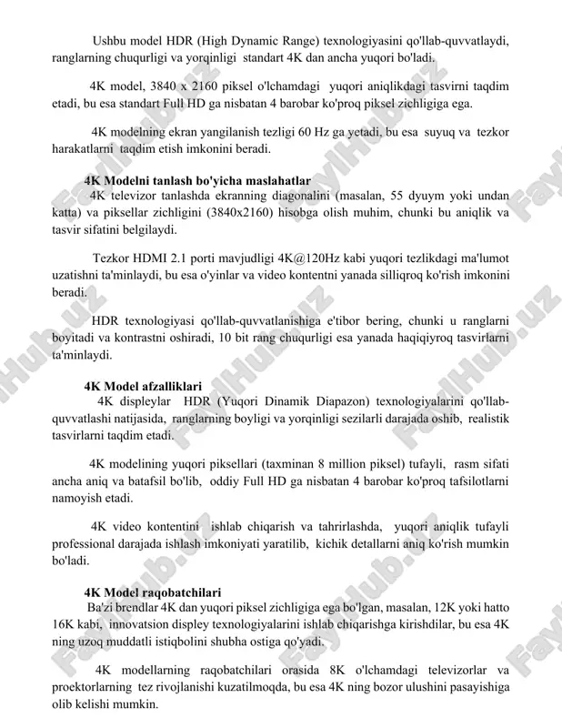 elevizor tanlashda ekranning diagonalini (masalan, 55 dyuym yoki undan katta) va piksellar zichligini (3840x2160) hisobga olish muhim, chunki bu aniqlik va tasvir sifatini belgilaydi. tezkor hdmi 2.1 porti mavjudligi 4k@120hz kabi yuqori tezlikdagi ma'lumot uzatishni ta'minlaydi, bu esa o'yinlar va video kontentni yanada silliqroq ko'rish imkonini beradi. hdr texnologiyasi qo'llab-quvvatlanishiga e'tibor bering, chunki u ranglarni boyitadi va kontrastni oshiradi, 10 bit rang chuqurligi esa yanada haqiqiyroq tasvirlarni ta'minlaydi. 4k model afzalliklari 4k displeylar hdr (yuqori dinamik diapazon) texnologiyalarini qo'llab-quvvatlashi natijasida, ranglarning boyligi va yorqinligi sezilarli darajada oshib, realistik tasvirlarni taqdim etadi. 4k modelining yuqori piksellari (taxminan 8 million piksel) tufayli, rasm sifati ancha aniq va batafsil bo'lib, oddiy full hd ga nisbatan 4 barobar ko'proq tafsilotlarni namoyish etadi. 4k video kontentini ishlab chiqarish va tahrirlashda, yuqori aniqlik tufayli professional darajada ishlash imkoniyati yaratilib, kichik detallarni aniq ko'rish mumkin bo'ladi. 4k model raqobatchilari ba'zi brendlar 4k dan yuqori piksel zichligiga ega …