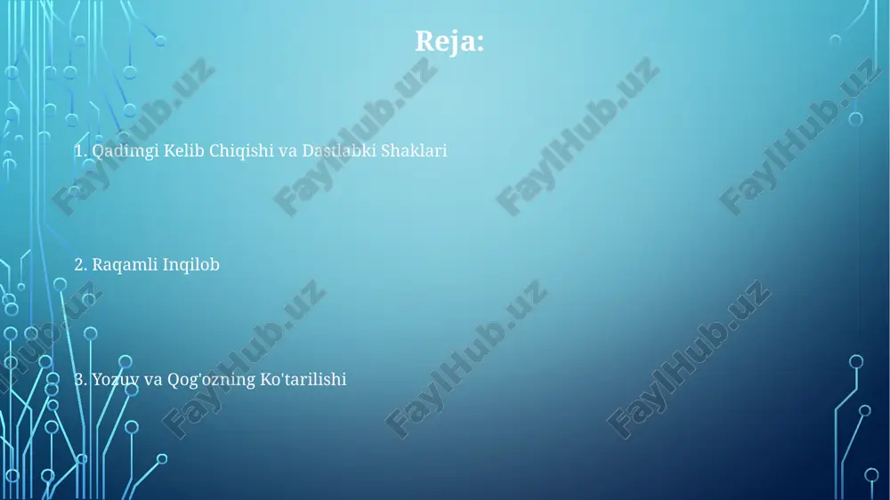rasmlar va naqshlar bilan bezatilgan edi. o'rta asr qo'lyozmalarining rivojlanishi bilimni saqlash va tarqatishning muhim qismi edi. hujjatlarning jamiyat va madaniyatga ta'siri. yozuv tizimlari, bosma matbaa va internetning paydo bo'lishi hujjatlarni yaratish va tarqatishni inqilob qildi, ma'lumot oqimi va madaniy almashinuvni shakllantirdi. hujjatlar insoniyat tsivilizatsiyasini shakllantirdi, bilimlarni saqlab qoldi, muloqotni osonlashtirdi va hokimiyat tuzilmalariga ta'sir ko'rsatdi. qadimgi g'or rasmlaridan tortib raqamli fayllarga qadar hujjatlar texnologiya bilan birga rivojlanib, jamiyatlarning qanday ishlashini, tarixni qayd etishini va madaniyatni ifoda etishini ta'sir qiladi. axborot davri: telefon, telefon va internet bu texnologiyalar ma'lumot tarqatish usulini inqilob qildi, o'zaro bog'langan global aloqa tarmog'ini yaratdi. axborot asri telegraf va telefon bilan boshlanib, internet bilan yakunlangan aloqa sohasidagi tezkor texnologik taraqqiyot davrini belgilaydi. dastlab qo'lyozma jild va papirus shaklida paydo bo'lgan hujjatlar, axborot saqlash va kirish imkoniyatlarining evolyutsiyasini aks ettirib, bosma kitoblar va raqamli media shakliga o'zgardi. gazeta va jurnallar ko'tarilishi hujjatlar, turli xil formatlarni o'z ichiga …