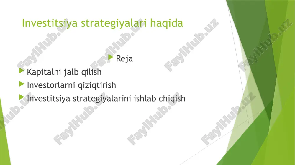 mablag‘ jalb qilishda eng asosiysi – investorni kiritilgan pul vositalari unga daromad keltirishiga ishontira olish. 1-qadam bu yerda asosiy gap biznes-rejada. investorlar birinchi navbatda shunga e'tibor qaratishadi. u har tomonlama o‘ylab tuzilgan bo‘lishi, imkon qadar ko‘proq ma'lumotni o‘zida jamlashi kerak. bular: loyiha tavsifi; talab qilinayotgan summaga doir hisob-kitob; sarmoyachi qo‘lga kirituvchi daromad tahlili; kiritilgan mablag‘ning qoplanish muddati; ish rivoji istiqbollari. 2-qadam investorga ma'qul keluvchi hamkorlik shaklini to‘g‘ri tanlash juda muhim. bu shakl biznes-rejada ko‘rsatilgan bo‘lishi kerak. investor kiritilgan mablag‘dan qanday qilib daromad olishiga doir jami uch asosiy usul mavjud: kiritilgan summadan foizlarni chiqarish; kompaniya daromadi foizi; biznesdagi ulush. 3-qadam muzokaralar. ularning muvaffaqiyatiga ko‘p narsa bog‘liq. ularga yaxshi tayyorgarlik ko‘rish juda muhim. o‘z g‘oyangizning sifatli taqdimotini tayyorlang. investorlarda yuzaga kelishi mumkin bo‘lgan barcha ehtimoliy savollarga tayyor turing. loyihaning hatto eng mayda detali ham shubha tug‘dirmasin. agar siz professionalga biznes-reja buyurtma qilgan bo‘lsangiz, muzokaralarga uni maslahatchi sifatida olgan yaxshi. u sizga eng …