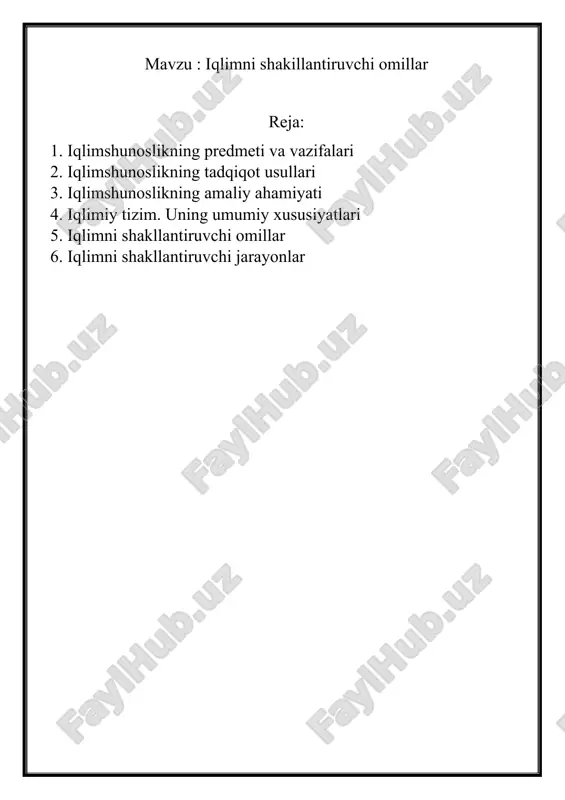 g‘1iq atmosfera va okeanlar sirkulyasiyasi bilan belgilanuvchi muayyan joyga xar- akterli bo‘lgan ob-havoning ko‘p yillik rejimidir. bunday tushunishda iqlim joyning fizikaviy-geografik xususiyatlaridan biri hisoblanadi. quyosh energiyasining asosiy o‘zgarishlari to‘shalgan sirt yaqinida sodir bo‘ladi. bu sirtning optik, mexanik va issiqlik xossalari bo‘yicha bir jinsli emasligi uning o‘zaro yonma-yon uchastkalarida meteorologik rejimlar o‘rtasidagi farqlarga olib keladi. biroq, bu farqlar katta balandliklarga tarqalmaydi. shu sababli yer sirtining o‘lchamlari odatda yuzlab kilometrlardan katta bo‘lmagan har xil turdagi hududlari ustida katta masshtabli jarayonlar (siklon, antisiklon, atmosfera frontlari va boshq.)ga bog‘liq bo‘1gan ob-havo bir xil xarakterga ega bo‘ladi. birjinsli bo‘1magan to‘sha1gan sirtning gorizontal o‘lchamlariga bog‘liq ravishda katta bo‘lmagan alolıida geografik tuzilmalarning mezoiqlim va mikroiqlim deb ataluvchi iqlimlari ajratiladi. mezoiqlim — bu o‘l chami yuz kilometrdan katta bo‘lmagan (o‘rmon, vodiy, shahar va boshq.) alohida geografik landshaft tarkibiy qismining iqlimidir. mikroiqlim — bu o‘lchami bir necha yuz metrlardan katta bo‘lmagan (o‘rmon chekkasi, bog‘, ko‘l qirg‘og‘i, o‘rmon yalangligi va …
