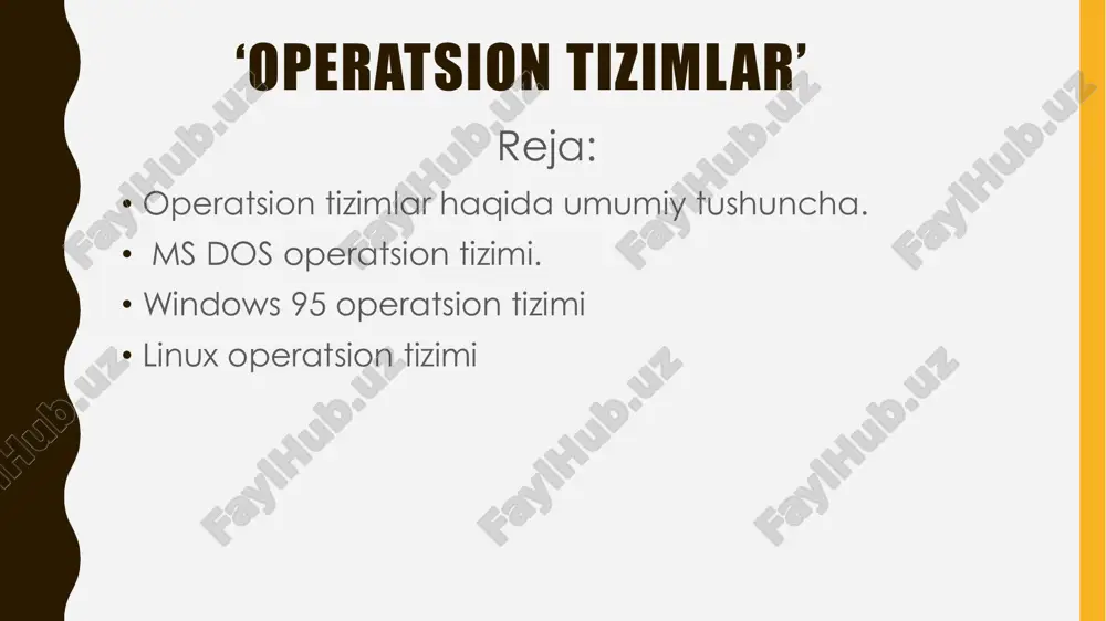 ni grafika orqali boshqarishga imkon beradi. ot bilan muloqot qilishning yana bir yo'li - buyruq-qatori interfeysi (command-line interface) dir. kernelning ikki turi mavjud: monolitik (monolithic) va mikrokernel (microkernel). monolitik - bu ot funksiyalarining ko'p qismini bajaradigan katta dastur. mikrokernel esa ot funksiyalarining faqat kichik bir qismini bajaradi, ammo uning imkoniyatlarini drayverlar deb nomlanuvchi qo'shimcha modullar bilan kengaytirish mumkin. ot ning kernel va grafik foydalanuvchi interfeysidan tashqari boshqa muhim qismlari ham mavjud. hozircha, barcha yuqoridagi ma'lumotlarni tushunish uchun quyidagi rasmga qarang: no alt text provided for this image xulosa qilaidgan bo'lsak, ot yuqorida aytib o'tganimizdek, kompyuter resurslarini samarali ravishda taqsimlaydi. ot siz kompyuter - kompyuter emas, aksincha shunchaki temir-tersakka aylanib qoladi. operatsion tizimlar tarixi — birinchi kompyuterlarda operatsion tizimlar boʻlmagan. oʻsha davrda birinchi kompyuterlarda ishlaydigan har bir dastur kompyuterda ishlash uchun zarur boʻlgan barcha kodlarni oʻz ichiga olishi, oʻrnatilgan apparat bilan aloqa qilish va dastur bajarishi kerak boʻlgan hisob- kitoblarni bajarishi …