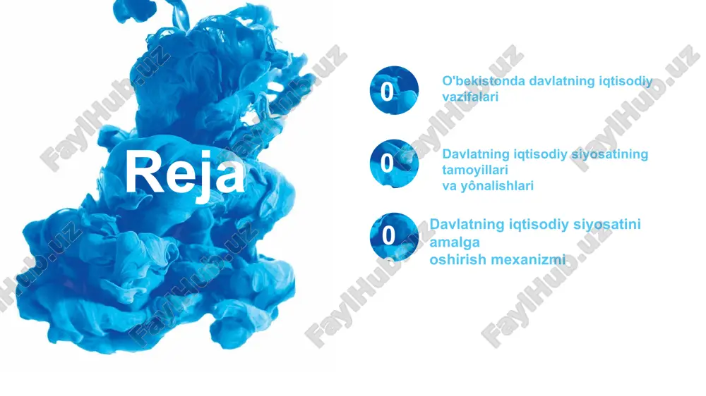ning huquqiy asoslari, o‘ziga xos bozor shartsharoitlarini vujudga keltirish va tasdiqlash o‘zbekiston respublikasida davlat bosh islohotchi sifatida quyidagi vazifalarni amalga oshirishi maqsadga muvofiqdir: bozor iqtisodiyotiga o‘tish sharoitlarida kishilarning iqtisodiy erkinliklari kafolatlangan bo'lishi. tartibga solinadigan bozor sharoitida asosiy maqsad yo‘nalishlarini ishlab chiqish, ijtimoiy-iqtisodiy islohotlami amalga oshirishning bosh yo‘lini belgilash va bu yo‘lni o‘tkazish yuzasidanchora-tadbirlar ishlab chiqish ijtimoiy muammolami hal qilish, aholini ijtimoiy himoyalashning samarali, aniq va ravshan tizimini vujudga keltirish vujudga kelayotgan ishbilarmonlik tizimlarining qaror topishi va rivojlanishiga ko‘maklashish. davlat siyosatining muvaffaqiyati jamiyat ehtiyojlari va ulami qondirish vositalarini aniqlash uchun real holatni aniq belgilash va iqtisodiy bilimlar darajasiga bog‘liqdir. davlat iqtisodiy siyosatining prinsiplari quyidagilarda ifodalanadi: iqtisodiyotning samaradorlik prinsipi. mavjud resurslar hisobiga ko‘p miqdorda ne’matlar yoki kam sarf-xarajatlar evaziga ko‘p miqdorda mahsulotlar ishlab chiqarish title text addition the user can demonstrate on a projector or computer, or print the presentation and make it film davlatning iqtisodiy strategiyasining muhim turlari quyidagilardan iborat: 1)rivojanishning …
