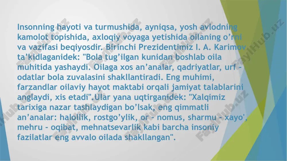 gan) majmuini bildirgan. "oila" so’zining lug’aviy ma’nosi uning mohiyatini anglashda va ta’kidlashda muhim negiz bo’ladi. adabiyotlarda oilaning turli ta’riflari mavjud. shundan eng mukammali quyidagidir: oila - kishilarning tabiiy-biologik, iqtisodiy, huquqiy, ma’naviy munosabatlariga asoslangan ijtimoiy birligi”. . musulmonchilikda erkak kishi zimmasiga oilani boshqarish uchun katta mas’uliyatlar yuklatilgan va shuning uchun erga tegishli vakolatlar berilgan. erning xotin oldidagi burchi qoidasi. ibn umarning guvohlik berishicha muhammad payg’ambarning hayoti haqidagi hadis kitobda batafsil ifodalangan: «har biringiz sizning (oilada va jamiyatda) mavqeingiz bevosita majburiyatlarning himoyachisi va muhofaza hisoblanasiz va sizga tobelikda yoki naslingizda bo‘lganlarning harakatlari uchun javob beradi. erkak o‘z uyida yashovchilar uchun tartib o‘rnatuvchi hisoblanadi. o‘z navbatida ayolning ham o‘z eri va bolalariga nisbatan haqi bor. boshqacha aytganda xar biringiz o‘z urug’ingiz sarboni va o‘z qavmingiz uchun mas’ul hisoblanasiz» erkak oilaning boshlig’i ekan, oilada erkak xotini va farzandlari oldida rahbar vazifasini bajaradi. shundan kelib chiqib kur’onda so‘z boradi: «erkaklar xotinlari ustida rahbardirlar. bunga sabab …