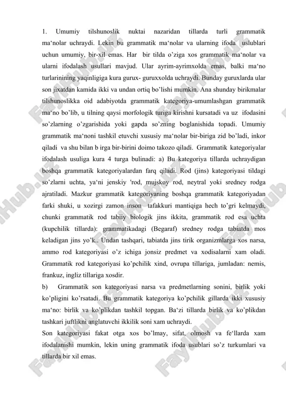 n tashkil topgan. ba‘zi tillarda birlik va ko’plikdan tashkari juftlikni anglatuvchi ikkilik soni xam uchraydi. son kategoriyasi fakat otga xos bo’lmay, sifat, olmosh va fe‘llarda xam ifodalanishi mumkin, lekin uning grammatik ifoda usublari so’z turkumlari va tillarda bir xil emas. o’zbek, rus, ingliz, nemis, frantsuz tillarida mazkur kategoriya bir biriga zid bo’lgan ikki xususiy son - birligi va ko’pligidan tash​kil topadi. o’zbek tilida bu kategoriya ot, olmosh va fe‘llarda; rus ti​lida ot, sifat, olmosh, fe‘l va tartib sonlarda; ingliz tilida asosan ot va olmoshlarda o’z aksini topadi. birlik soni predmet va xrdisalarning yakkaligini anglatsa, kuplik ularni birdan ortikligini, sonni noaniqligini ifodalaydi: kitob-kitoblar. v) kelishik kategoriyasi. otning boshqa so’z turkumiga munosabati kelishik kategoriyasi orqali ifodalanadi. bu kategoriya borliqdagi nar​sa, sifat va xrdisalar o’rtasidagi aloka munosabatlarini belgilaydi.kelishik kategoriyasini ifodalovchi grammatik vositalar ot va otlashgan so’zlarning sintaktik vazifasini kursatadi. shuning uchun ko’pchilik tilsho’noslar bu kategoriyani morfologik - sintaktik kate​goriya deb yuritishadi. kelishik ma‘nolari …