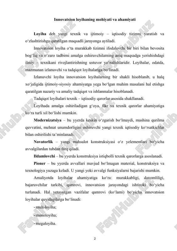 odda ishlam bilan cheklangan loyihadir. ular buyurtmachining o‘zaro bir biriga bog‘liq g‘oyalari asosida tuziladi. mono-loyiha – mult loyihalarning muqobil varianti hisoblanib, ularni cheklangan vaqt va manbalar bilan yagona loyiha bo‘yicha birlashvidir. mega-loyiha – bu umumiy maqsad sari yo‘naltirilgan loyiha uchun zarur manbalar va uni bajarish uchun ketadigan vaqtga o‘zaro bog‘liq bir necha loyihalardan tashkil topgan maqsadli dasturlardir. mega-loyihalarni shakllanishi va amaliyotga tatbiq yetilishi bir qator tarmoqlar, hududlar, sanoat – moliya guruhlari, yirik korporatsiya va davlatlar birlashuvini talab etadi. megaloyihalar halqaro, mamlakat doirasida, milliy va hududiy haraktyyerda bo‘lishi mumkin. loyihalar bajarilayotgan ishlar hajmi va davomiylik muddatiga ko‘ra: · qisqa muddatli (1-2 yil) · o‘rta muddatli (5 yilgacha) · uzoq muddatli (5 va undan ortiq yil) bo‘ladi. loyiha tarkibi va bosqichlari(amaliyotga tatbiq etish) uning tarmoq va funksional moyilligini belgilaydi. innovatsion loyihalarning asosiy bo‘limlari: loyiha mazmuni va dolzarbligi, loyihaning bosh maqsadi, ya’ni marketing tadqiqotlari va muammolar tarkibi asosida shakllanadi. loyihani bosh maqsadini amaliyotga …