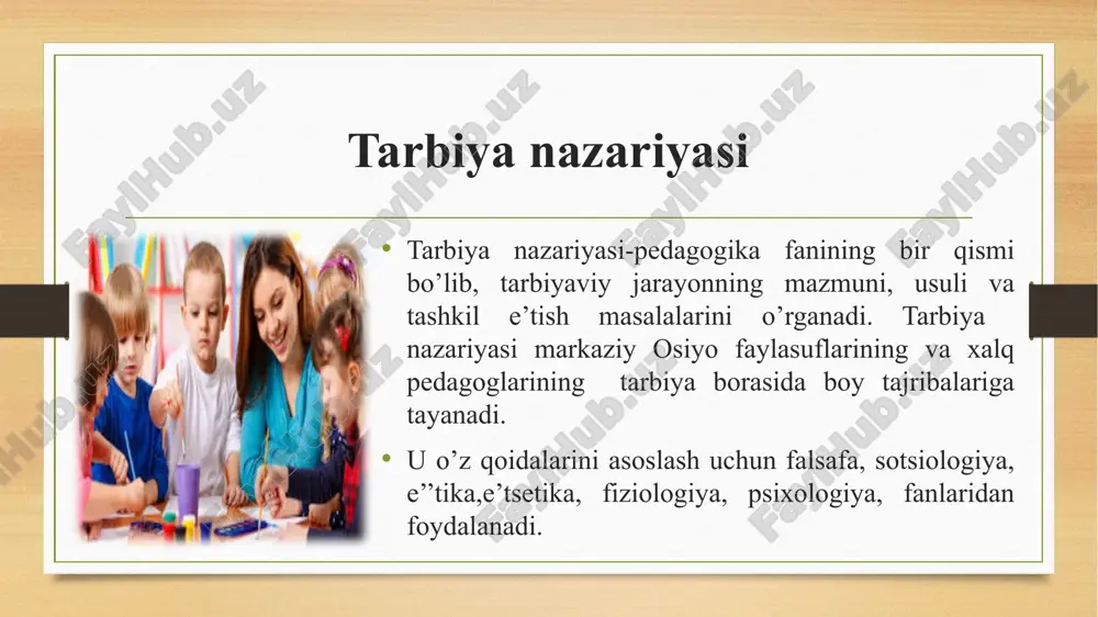 xsiy xususiyatlarini hisobga olish -izchillik, tizimchilik, o’zluksizligi. tarbiyaning umumiy usullari. bola o’qishni, tarbiya olishni, ulg’ayib jamiyatga hayotida faol ishtirok e’tishni xohlaydi. pedagog uni qay tarzda, qanday munosabatlar sharoitida, qanday pedagogik jarayonida tarbiyalashi zarurligini bilishi kerak. o’qituvchi do’ts, murrabbiy yo’l boshlovchi bo’lgandagina o’quvchilar o’zlarining ichki adabiyotlarini ochib ko’rsatadilar. avval ta’kidlaganimizdek, tarbiya-tarbiyachi va tarbiyalanuvchi faoliyatlarini o’z ichiga olgan ikki yoqlama jarayon. tarbiyachilar bilimi va tarbiyaga e’ga bo’lgan qonunlar, tarbiyalanovchilar (faoliyatlarini o’z ichiga olgan) bilim va tajriba o’rganuvchi yoshlardir. ammo tarbiyalanuvchilar muayyan darajada aktiv faoliyat ko’rsatishlari kerak. tarbiya usullarga tavsif. tushuntirish (o’rgatish, odatlantirish, mashq qildirish). namuna (maslahat berish, o’zr so’rash, o’rnak bo’lish, yaxshiliklar tug’risida gapirish). nasixat berish (undash, ko’ndirish, iltimos qilish , yolvorish, tilak itsak bildirish, ma’qullash, raxmat aytish ,duo qilish , oq yo’l tilash ). qoralash va jazo (ta’kidlash, ta’na, gina, tanbeh berish, majbur qilish , koyish, ont, qasam, urish, kaltaqlash va x.) tarbiya jarayonida tarbiyalanuvchi shaxsida ongning shakllanib borishi tarbiya jarayonida …