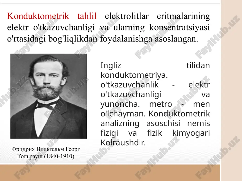 nt neytrallanish nuqtasini amalda ishlatiladigan indikator birikmalar vositasida titrlab aniqlashning o’zi o’ta mushkul. konduktometrik usul bilan eritma titrlanganda uning qandaydir sabab loyqalanganligi yoki rangli bo’lishi elektr o’tkazuvchanligiga unchalik ta’sir eta olmaydi. eritmada, ishqor qo’shilib borilishi natijasida, titrlash nuqtasidan o’tilgandan keyin gidroksil ioni [oh–] konsentratsiyasi keskin ortishi muqarrar. 1-rasm. konduktometrik titrlash chizig’i eritmalarning elektr o’tkazuvchanligi nafaqat ulardagi ionlarning harakatchanligi, balki eritmani hosil qiluvchi kimyoviy moddaning dissosilanish darajasiga ham bog’liq. reaksiya paytida harakatchanligi yuqori bo’lgan ionlar, harakatchanligi nisbatan past bo’lgani bilan almashgan holatlarda ham, titrlash davomida dissosilanish darajasining oshishi, elektr o’tkazuvchanlikning ortishiga olib keladi. -rasm. agno3 – hcl, ch3cooh – naoh va shunga o’хshash sistemalarning konduktometrik titrlash chizig’i konduktometriyaning asosiy tushunchalari konduktometriyada o'lchanadigan analitik signal elektrolitlar eritmalarining elektr o'tkazuvchanligi (elektr o'tkazuvchanligi) hisoblanadi. maxsus elektr o'tkazuvchanligi (p - kappa) - bu bir-biridan 1 m masofada 1 m2 maydonga ega elektrodlar orasiga o'ralgan eritmaning 1 m3 elektr o'tkazuvchanligi. yoki 1 m2 tasavvurlar maydoni va …