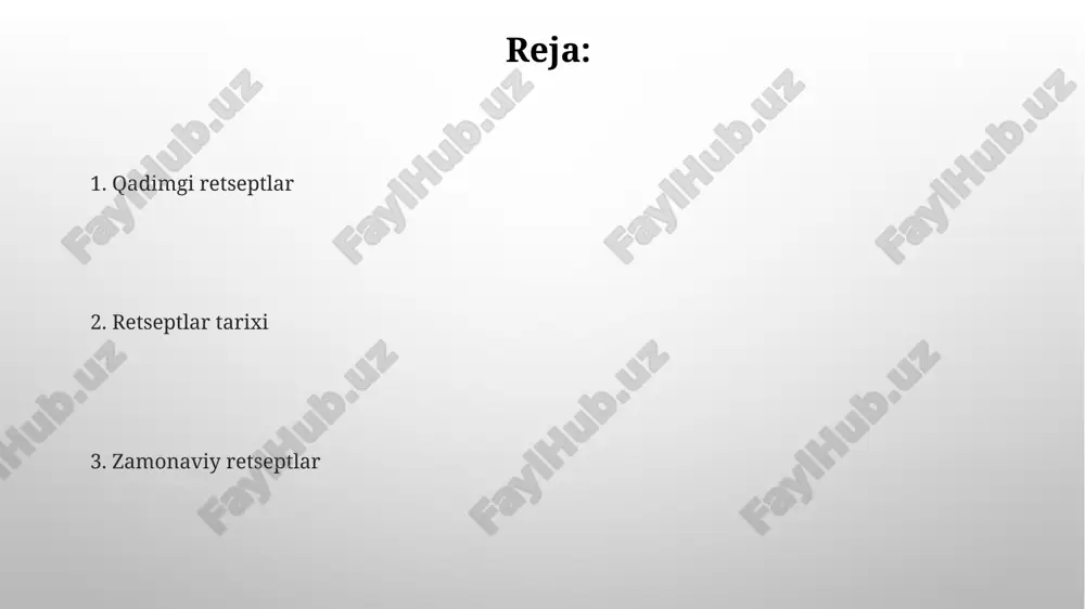 rning koʻpayishi tufayli, shirinliklar va murakkab soslarga oid 20 dan ziyod yangi retseptlar yaratildi, bu esa oshpazlik san'atida yangi bosqichning boshlanishini anglatadi. uygʻonish davrida, taxminan 15-16-asrlarda, yangi bosma texnologiyalarining rivojlanishi tufayli oshpazlik kitoblari ommaviylashdi, natijada 100 dan ortiq yangi retseptlar tarqaldi. kelajakdagi retseptlar va oshxona tendentsiyalari o'simlik asosidagi oziq-ovqat mahsulotlarining ommalashuvi tufayli, 2030 yilga borib, go'shtsiz taomlarning retseptlari soni 50% ga o'sishi va an'anaviy retseptlar bilan tenglashishi kutilmoqda. kelajakdagi retseptlar, sun'iy intellekt yordamida shaxsiylashtirilgan ovqat rejalarini avtomatik ravishda yaratishga imkon beradi, bu esa 2040 yilga kelib 30% ga ko'p odamlarning sog'lom ovqatlanishiga yordam beradi. qadimgi misr va mesopotamiya retseptlari qadimgi misr papiruslarida 3000 yildan ortiq tarixga ega bo'lgan, non va pivo tayyorlashga oid 70 dan ortiq retseptlar saqlanib qolgan. misr va mesopotamiya retseptlari orasida ko'plab o'xshashliklar mavjud bo'lib, bu ikki madaniyat o'rtasidagi aloqalarni va oziq-ovqat texnologiyalarining rivojlanishini ko'rsatadi. zamonaviy retseptlar va oshpazlik texnologiyalari oziq-ovqat protsessorlari va sous vide texnologiyalari kabi …