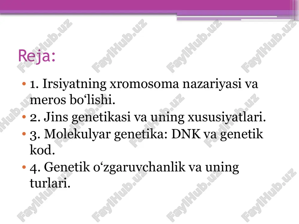 genetik kod — bu nukleotidlar ketma-ketligi orqali belgilarning sintetik ma'lumotlarini saqlaydi. masalalarda genetik kodning tarqalishini va uning qanday oqsillarga aylanishini hisobga olish kerak. transformatsiya — bu bakteriyalar o‘zining genetik materialini atrofdagi muhitdan olishi jarayoni. transduktsiya — viruslar (bakteriofaglar) orqali genetik materialning bir bakteriyadan boshqasiga o‘tishi. konyugatsiya — bakteriyalar o‘rtasida to‘g‘ridan-to‘g‘ri aloqada bo‘lish orqali genetik material almashinish jarayoni. plazmidalar — hujayralarda joylashgan va genetik materialni tashish bilan shug‘ullanuvchi kichik dnk zanjirlari. oqsil biosintezining bosqichlari va boshqarilishi oqsil biosintezi: bu jarayonni transkriptsiya (rnk hosil bo‘lishi) va translyatsiya (proteinning hosil bo‘lishi) bosqichlariga ajratish mumkin. boshqarish: oqsil biosintezi genetik ma'lumotlar va hujayra signalizatsiyasi orqali boshqariladi. masalalarda genetik regulyatsiya va oqsillarni sintez qilishdagi muammolarni hisobga olish kerak genetik injeneriya genetik injeneriya: genetik materialni sun'iy ravishda o‘zgartirish jarayoni. masalan, genlarni klonlash yoki yangi xususiyatlarni kiritish uchun genlarni o‘zgartirish. masalalarda genetik injeneriya usullaridan qanday foydalanish, ularning samaradorligini va xavfsizligini ko‘rsatish kerak. populyasion statistika: bu genetik tahlillar orqali …
