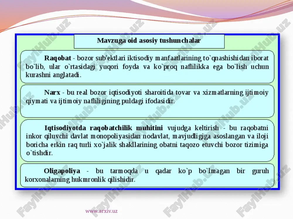 a ko‘ra: sof monopoliya, oligopoliya va monopsoniya. sof monopoliya – tarmoqdagi yagona ishlab chiqaruvchi yoki sotuvchining narx va ishlab chiqarish hajmini belgilashdagi yakkahukmronlik holati hisoblanadi. monopsoniya – tarmoqdagi ishlab chiqaruvchi yoki sotuvchilar soni juda ko‘p bo‘lib, ular tovar yoki xizmatlarining yagona iste’molchisi yoki xaridori mavjud bo‘lgan sharoitdagi yakkahukmronlik holati hisoblanadi www.arxiv.uz monopoliyaning vujudga kelishi sababi va tavsifiga ko‘ra: tabiiy monopoliya, legal monopoliya, sun’iy monopoliya. tabiiy monopoliya – korxonaning texnologik xususiyatlari sababli mahsulotga bo‘lgan talabni qondirish raqobat mavjud bo‘lmagan sharoitda samaraliroq amalga oshiriluvchi tovar bozorining holati. legal (qonuniy) monopoliya – bu qonuniy tarzda tashkil etiluvchi monopolistik holat. sun’iy monopoliya – monopol foyda olish maqsadida tashkil etiluvchi birlashmalarning shartli (tabiiy monopoliyalardan ajratib turish uchun) nomi. www.arxiv.uz sun’iy monopoliyalar kartel, sindikat, trest, konsorsium, konsern kabi aniq shakllarda namoyon bo‘ladi. www.arxiv.uz kartel – bitta sanoat tarmog‘idagi bir necha korxonalarning uyushmasi bo‘lib, uning ishtirokchilari ishlab chiqarish vositalari va mahsulotlariga o‘z mulkiy egaligini saqlab qoladi. sindikat …
