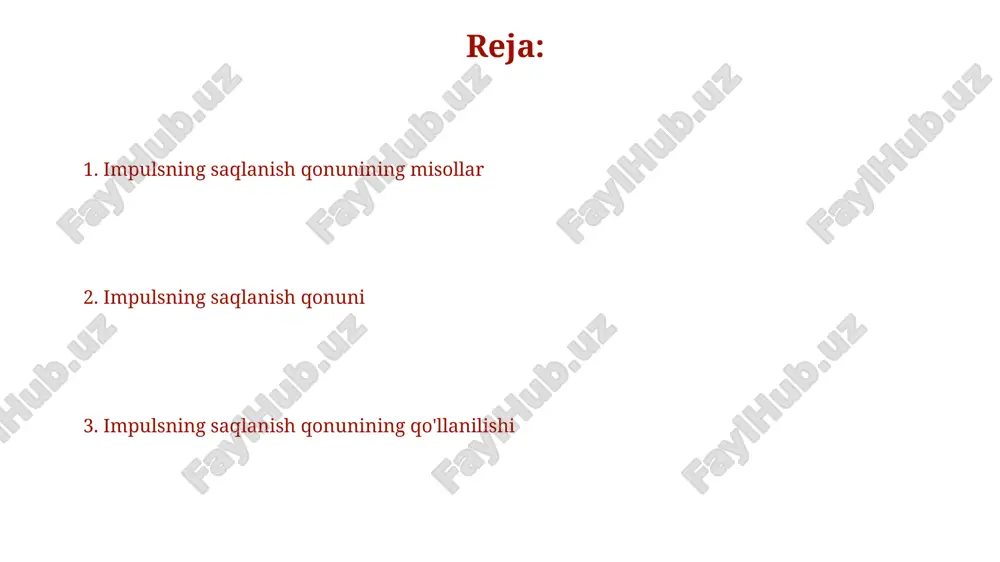 g umumiy qiymati tashqi kuchlar yoʻqligida doimiy qoladi. agar tashqi kuchlar taʼsiri 10 n dan kichik boʻlsa, yopiq tizim deb hisoblash mumkin va impulsning saqlanish qonuni yaxshi yaqinlashtirishni beradi, lekin 100 n dan katta kuchlar impulsning saqlanishini buzadi. impulsning saqlanish qonuni ta'rifi tizimga tashqi kuchlar ta'sir etmasa, ya'ni tizim yopiq bo'lsa, undagi jism va zarrachalarning umumiy impulsi har qanday vaqt oralig'ida doimiy qoladi. masalan, 2 ta to'qnashgan shar uchun qo'llaniladi. impulsning saqlanish qonuni vektor miqdori bo'lib, uning yo'nalishi va kattaligi muhim hisoblanadi. 5 kg massali jismning 2 m/s tezlikdagi impulsi va 2kg massali jismning 5m/s tezlikdagi impulsi umumiy impuls miqdorini beradi. elastik va inelastik to'qnashuvlar inelistik to'qnashuvlarda kinetik energiyaning bir qismi issiqlik, tovush yoki deformatsiyaga aylanadi, natijada sistema energiyasining 20% gacha yo'qolishi kuzatiladi. to'qnashuvning elastiklik koeffitsiyenti 0 dan 1 gacha o'zgaradi; 1 - mutlaqo elastik to'qnashuv, 0 - mutlaqo inelastik to'qnashuvni bildiradi. impuls tushunchasi impuls vektorial kattalik bo'lib, uning qiymati …