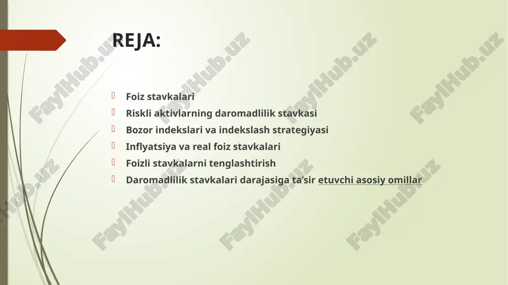 teng bo‘lishi mumkin. to‘lanmaslik riski qayd qilingan daromadga ega instrument (vosita) bo‘yicha qarzning asosiy summasi yoki foizning qandaydir bir qismi qarz oluvchi tomonidan to‘lanmaslik ehtimolini o‘z ichiga oladi. bu riskning darajasi qanchalik baland bo‘lsa, qarz oluvchi o‘z investorlariga uning qimmatli qog‘ozlarini sotib olishga rozilik bildirishlari uchun shunchalik yuqori foiz stavkasini va’da qilishi lozim. foiz stavkasiga hisob-kitob pul birligining ta’siri. qayd qilingan daromadga ega bo‘lgan instrument (vosita) faqatgina aniq hisob-kitob pul birligiga muvofiq risksiz, ishonchli hisoblanadi. uning o‘zgarishi bilan foiz stavkasi ham nihoyatda jiddiy ravishda o‘zgarib ketishi mumkin. keling, bu hodisani aniqroq tushuntirish uchun, nominallari turli xil valyutalarda ko‘rsatilgan obligatsiyalarni ko‘rib chiqamiz. faraz qilaylik, britaniya qo‘shma qirolliklarining davlat obliga-tsiyalari bo‘yicha foiz stavkalari yaponiyaning davlat obligatsiyalariga qaraganda ancha yuqori va ular taxminan bir xil qoplash muddatiga ega. mazkur toifa obligatsiyalari to‘lanmay qolish riskidan ozod ekanligi inobatga olingan holda, mazkur shartlar barcha investorlar qo‘shma qirolliklarning obligatsiyalarini afzalroq ko‘rishiga olib kelmaydimi? mazkur holatda javob …