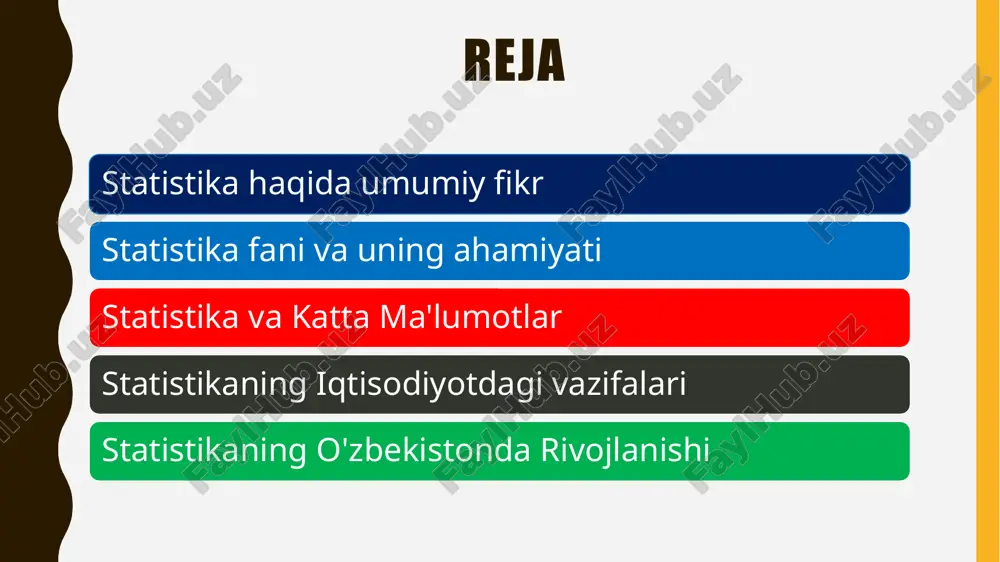 di. bu ko‘rsatkichlar hukumatning iqtisodiy siyosatini belgilash, investitsiya va rivojlanish strategiyalarini ishlab chiqishda asosiy manba bo‘ladi. statistikaning o'zbekistonda rivojlanishi o‘zbekistonda statistikaning rivojlanishi mustaqillikdan so‘ng keng ko‘lamli islohotlar bilan bog‘liqdir. mamlakatning yangi iqtisodiy va ijtimoiy tizimga o‘tish davrida statistik ma'lumotlarning to‘g‘riligi va ishonchliligi yanada ahamiyat kasb etgan. statistika sohasida o‘tkazilgan islohotlar, shu jumladan, yangi statistika metodlarini joriy etish, davlat va xususiy sektorda statistik tahlilni samarali qo‘llash imkonini yaratdi. o‘zbekiston respublikasi davlat statistika qo‘mitasi mamlakatda statistikani boshqarish, yangilash va ma'lumotlarni yig‘ish tizimini yaxshilashda katta rol o‘ynaydi. u mamlakatdagi barcha statistik ma'lumotlarni yig‘ish, tahlil qilish va taqdim etish ishlari bilan shug‘ullanadi. shuningdek, xalqaro statistik tashkilotlar bilan hamkorlik orqali xalqaro me'yorlarga mos ravishda statistik metodlarni ishlab chiqish va joriy etishda faol ishtirok etadi. o’zbekistondagi bir nechta statistik ma’lumotlar oʻzbekiston respublikasi davlat budjeti va davlat xaridlari toʻgʻrisidagi noyabr oyi ma'lumotlari taqdim etilmoqda. e’tiboringiz uchun rahmat image1.png image2.png image3.png image4.png image5.jpeg image6.png image7.png image8.png image9.png image10.png …