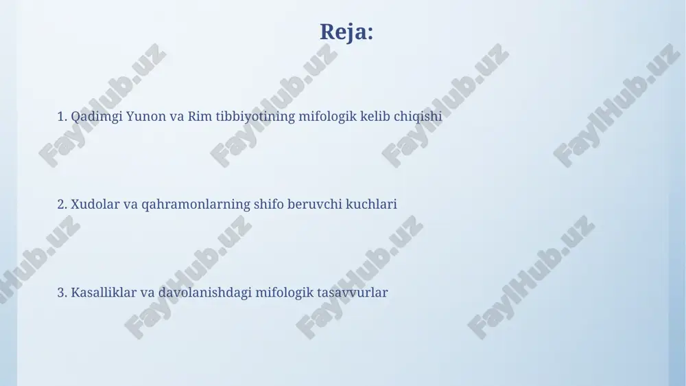 ing ramzi esa ilon edi. qadimgi rim tibbiyotida galen (mil. 129-216)ning asarlari keng tarqalgan bo'lib, uning anatomiya va fiziologiya bo'yicha 20 dan ortiq traktati asrlar davomida tibbiy ta'limning asosini tashkil etgan. qadimgi yunon va rim tibbiyotining mifologiyasi rim mifologiyasida salus, valetudo va febris kabi xudolar sog'liq, salomatlik va isitma bilan bog'liq edi, ularga qurbonliklar va marosimlar o'tkazilardi. bu 3 xudo tibbiyot amaliyotiga ta'sir ko'rsatgan. yunon tibbiyoti "to'rtta kayfiyat" nazariyasi – qon, balg'am, sariq va qora safro muvozanatiga asoslangan bo'lib, bu nazariya galen kabi taniqli shifokorlarning ishlariga ta'sir qilgan. tibbiy sehr-jodular va marosimlar yunon mifologiyasida asklepiy – shifo xudosi bo'lib, unga bag'ishlangan asclepieylar (davolash muassasalari)da 300 dan ortiq o'simlik va mineral preparatlar ishlatilgan. qadimgi yunon va rim shifokorlari kasalliklarni 4 ta asosiy suyuqlik – qon, balg'am, sariq va qora safro muvozanati buzilishi bilan bog'lashgan. ularning buzilishi turli kasalliklarga olib kelishiga ishonishgan. tibbiyot xudolarining ibodatxonalari tibbiyot xudolariga bag'ishlangan ma'badlar ko'pincha 20 dan …