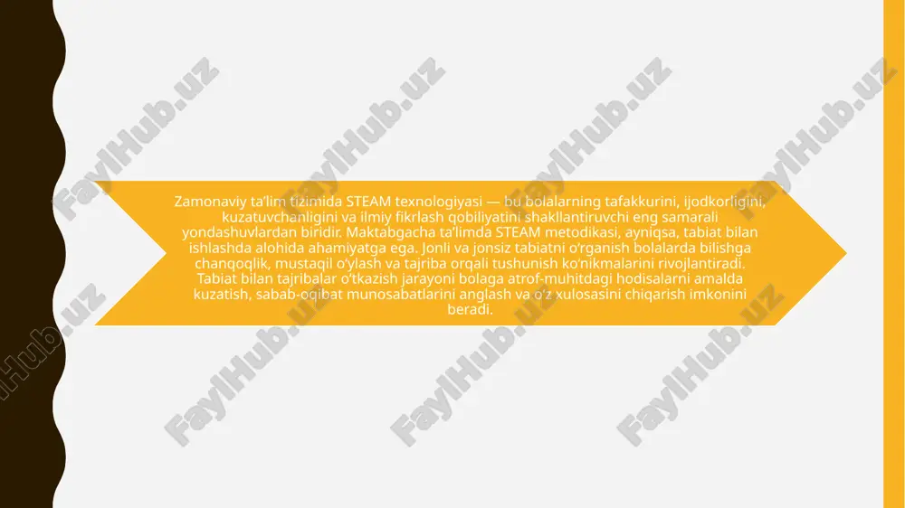 ular o‘sadi, nafas oladi, ko‘payadi va harakatlanadi. jonsiz tabiat esa suv, havo, tosh, yorug‘lik, harorat kabi atrof-muhit unsurlarini o‘z ichiga oladi. jonsiz tabiat jonli tabiat uchun hayot manbai hisoblanadi. maktabgacha yoshdagi bolalar bu ikki tur orasidagi farqni amaliy tajriba orqali yanada chuqurroq anglaydilar. misol uchun, ular suv bilan o‘simlikning bog‘liqligini, quyosh nurining o‘sishdagi rolini yoki havo mavjudligini tajriba orqali ko‘rishlari mumkin. 5 steam yondashuvining mazmuni steam ta’limi beshta asosiy yo‘nalishga tayanadi: science (fan), technology (texnologiya), engineering (muhandislik), art (san’at) va mathematics (matematika). bu elementlar birgalikda bolalarning bilim olish jarayonini interaktiv, tajriba asosidagi va ijodiy shaklga keltiradi. 6 bolalar fan orqali tabiat qonuniyatlarini o‘rganadilar, texnologiya orqali kuzatish vositalaridan foydalanadilar, muhandislik yondashuvi bilan muammolarga yechim topadilar, san’at orqali o‘z natijasini ifodalaydilar, matematika yordamida esa o‘lchash, taqqoslash va tahlil qilishni o‘rganadilar. natijada bola bilimni faqat eslab qolmaydi, balki uni amalda qo‘llashni o‘rganadi. tajriba faoliyatining ahamiyati tajriba faoliyati maktabgacha yoshdagi bolalarning tafakkurini, mantiqiy fikrlashini …