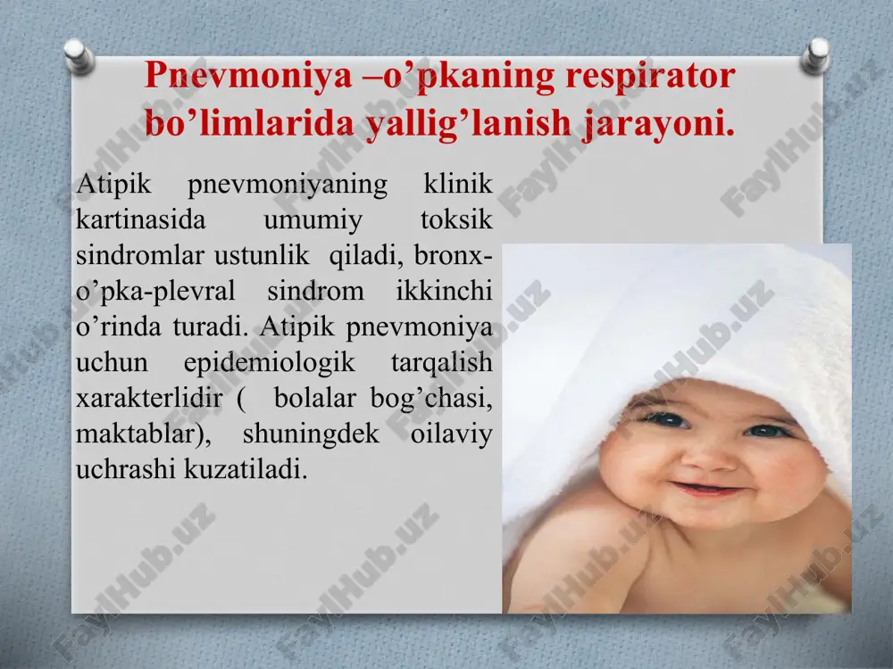 z nomonogen infiltratsiyasi. ko’pincha “bulutsimon”, “tutun”infiltratsiyasi paydo bo’ladi. diagnostika fluorestsensiyali zardobda qo’zg’atuvchi topilishiga asoslangan. serologik reaksiya. balg’amda mikoplazma topilishi. davolash. etiotrop davo: eritromitsin, linkmitsin oleandomitsin. 8yoshdan kattalarga oksitetrasiklin, vibramitsin, doksitsillin. xlamidiyali pnevmoniya. xlamidiaz- asosan chaqaloqlaar patologiyasi bo’lib, unga intranatal zararlanish xos, bola asosan ononing tug’ruq yo’li orqali zararlanadi. qozg’atuvchisi – chlamydia trachomatis, ular ikkiga bo’linadi : chlamydia psitacci va chlamydia trachomatis. ko’pincha o’pkaning o’rta va pastki qismlarini zararlaydi. alveolalarda seroz shish chaqiradi va boshqa bo’limlarga o’tadi. epidemiologiyasi. chlamydia psitacci- ornitoz pnevmoniya chaqiruvchisi, kasallik manbai qishlar (kaptar, popugay, o’rdak, tovuqlar). chlamydia trachomatis –o’tish yo’li havo-tomchi, aspiratsion yo’l hisoblanadi. klinikasi. inkubatsion davri -10 kun. intoksikatsion belgilar: lanjlik, bezgak (harorat 39°c dan ortiq), mushaklarda og’riq, va angina. 1-3 kundan so’ng : quruq yo’tal, biqinda va ko’krak qafasida og’riq. o’pka tovushining lokal to’mtoqlanishi, mayda pufakchali nam xirillashlar. keyinchalik klinikasi grippga o’xshaydi. uzoq vaqt davom etadi. diagnostikasi. balg’am mikroskopiyasi. ko’zdagi ajralmani tekshirish. rentgenogrammada : ikki …