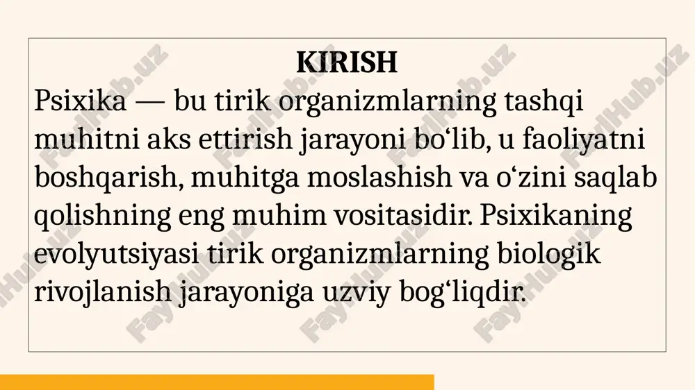 tsion yutug‘idir. 8 ko‘plab tajribalar (masalan, i.p. pavlov, k. lorens, v. köhler) hayvonlarda elementar tafakkur, muammoni hal qilish qobiliyati mavjudligini ko‘rsatadi. bu esa ongning biologik ildizlari mavjudligini isbotlaydi. 9 psixika faqat biologik emas, balki ijtimoiy jarayonlar natijasida ham shakllanadi. inson jamiyatda yashab, muloqot va mehnat jarayonida o‘z ongini rivojlantiradi. 10 inson psixikasining shakllanishida mehnat, nutq va tafakkur hal qiluvchi ahamiyat kasb etgan. mehnat jarayoni ongli harakatlarni talab qilgan, natijada abstrakt tafakkur va til shakllangan. 11 f. engels “maymundan insonga aylanishda mehnatning roli” asarida ta’kidlaganidek, mehnat — inson tafakkurining, sezgilarning, irodaning va nutqning rivojlanishiga sabab bo‘lgan asosiy omildir. f. engels 12 til – inson ongining eng muhim belgisi. u fikrni ifodalash, saqlash va boshqalarga yetkazish imkonini beradi. tilning rivojlanishi orqali psixika ham murakkablashgan. 13 inson psixikasi avloddan-avlodga o‘tadigan ijtimoiy tajriba orqali rivojlanadi. tarbiya va ta’lim bu jarayonning muhim mexanizmidir. 14 psixikaning eng oliy bosqichi — bu o‘z-o‘zini anglash, ya’ni shaxsning o‘z …