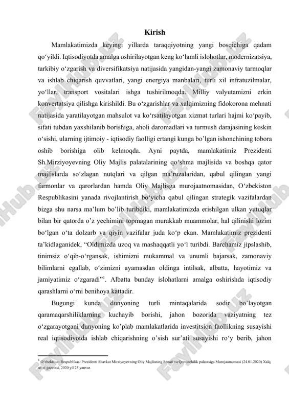 a unumli bajarsak, zamonaviy bilimlarni egallab, oʻzimizni ayamasdan oldinga intilsak, albatta, hayotimiz va jamiyatimiz oʻzgaradi”[footnoteref:1]. albatta bunday islohatlarni amalga oshirishda iqtisodiy qarashlarni oʻrni benihoya kattadir. [1: o‘zbеkiston rеspublikasi prеzidеnti shavkat mirziyoyevning oliy majlisning sеnati va qonunchilik palatasiga murojaatnomasi (24.01.2020) xalq so‘zi gazеtasi, 2020 yil 25 yanvar. ] bugungi kunda dunyoning turli mintaqalarida sodir bo’layotgan qaramaqarshiliklarning kuchayib borishi, jahon bozorida vaziyatning tez oʻzgarayotgani dunyoning ko’plab mamlakatlarida investitsion faollikning susayishi real iqtisodiyotda ishlab chiqarishning o’sish sur’ati susayishi roʻy berib, jahon bozorida xarid talabining kamayishi davom etmoqda, ishsizlik darajasi yuqoriligicha qolmoqda, ijtimoiy keskinlik kuchaymoqda. bundan tashqari mamlakatimizdagi ayrim sohalar, tarmoqlar va kompaniyalarda eksport hajmi kamayib, import hajmi oshib ketishi, ko’plab kapital mablagʻlar sarflanishiga qaramay ishlab chiqarish hajmi va mehnat unumdorligining sust o’sishi fantexnika taraqqiyoti yuz berib, yangi texnika va texnologiyalarning kirib kelishiga qaramay ketgan xarajatlar va mahsulot tannarxi pasayish o’rniga aksincha, oshishi holati yuz berishi kabi nohush holatlar sodir bo’lib turibdi. bu holatlar …