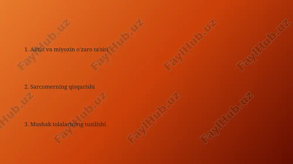 ining funksiyalariga mos keladi. sarkoplazmatik retikulum sarkoplazma retikulumining membrana yuzasida kaltsiyni bogʻlaydigan proteinlar (ryanodin retseptorlari va cistrenalar) mavjud boʻlib, ularning zichligi mushak turining xususiyatlariga bogʻliq. sarkoplazma retikulumining asosiy vazifasi kaltsiy ionlari (ca2+) ni saqlash va mushak tolasi qisqarishi paytida ularni tez va aniq tarzda chiqarishdan iborat boʻlib, bu jarayon 1-2 millisekund davom etadi. mushak qisqarishining turlari konsentrik qisqarishda mushak qisqarib, kuch hosil qiladi va bo'g'im harakatini amalga oshiradi, masalan, og'irlikni ko'tarishda 180 gradusgacha burchak hosil bo'ladi. mushak qisqarishining izometrik turi mushak uzunligining o'zgarmasligida, faqatgina kuch hosil bo'lishida namoyon bo'ladi, bu jarayonda 0 daraja burchak hosil bo'ladi. atpning ahamiyati mushak hujayralarida atpning taxminan 10-15 soniya zahirasi mavjud bo'lib, uzluksiz ishlash uchun kreatin fosfat va anaerob glikoliz kabi boshqa energiya manbalaridan foydalanish kerak. atp gidrolizining energiyasi miyozin boshchalarining aktin filamenti bo'ylab harakatlanishi va ko'prik hosil qilishi uchun zarur bo'lgan 70% dan ortiq energiyani ta'minlaydi. mushak tolalarining tuzilishi mushak tolasi miofibrillalardan tashkil topgan …